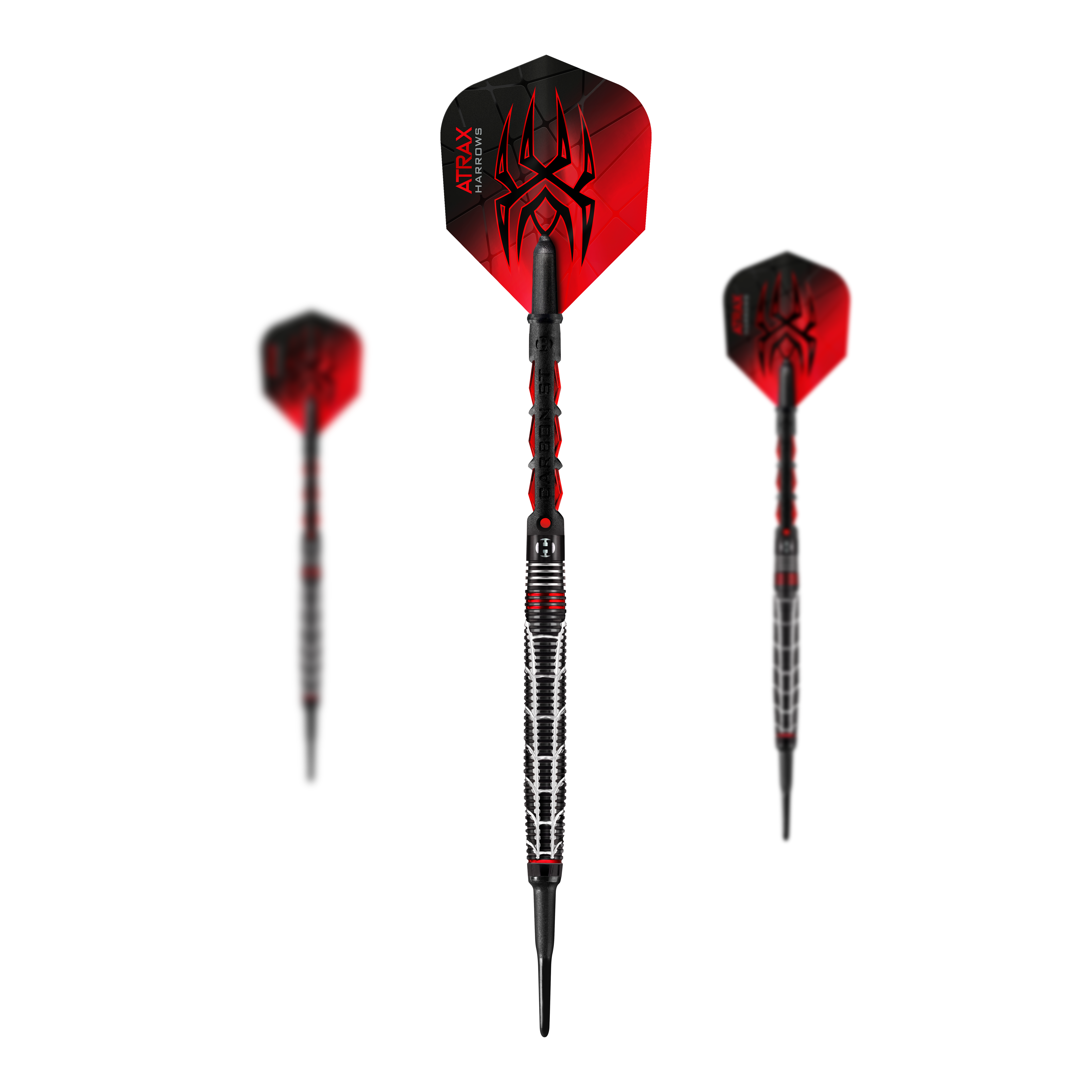 Fléchettes souples Harrows Atrax Das Bild zeigt drei Softdarts mit schwarzem und rotem Design. Auf den Flights ist ein Spinnenmotiv sowie der Schriftzug "ATRAX HARROWS" zu sehen.