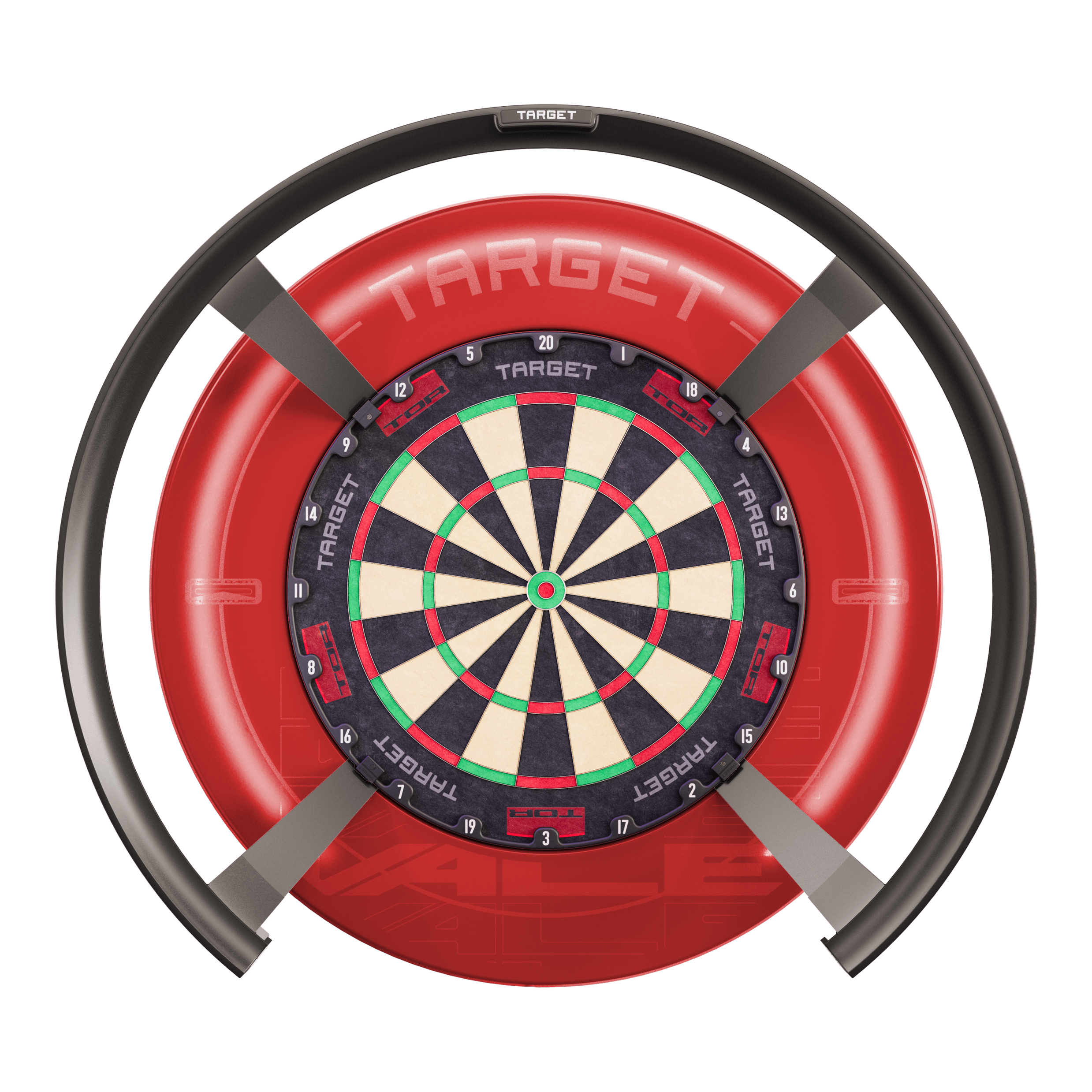 Système de notation automatique Target OMNI Das Bild zeigt das Produkt "Target OMNI Auto-Scoring-System", ein innovatives elektronisches System für Dartspiele. Es besteht aus einem Dartboard mit einem kreisförmigen automatischen Punktesystem und einer markanten roten Umrandung.