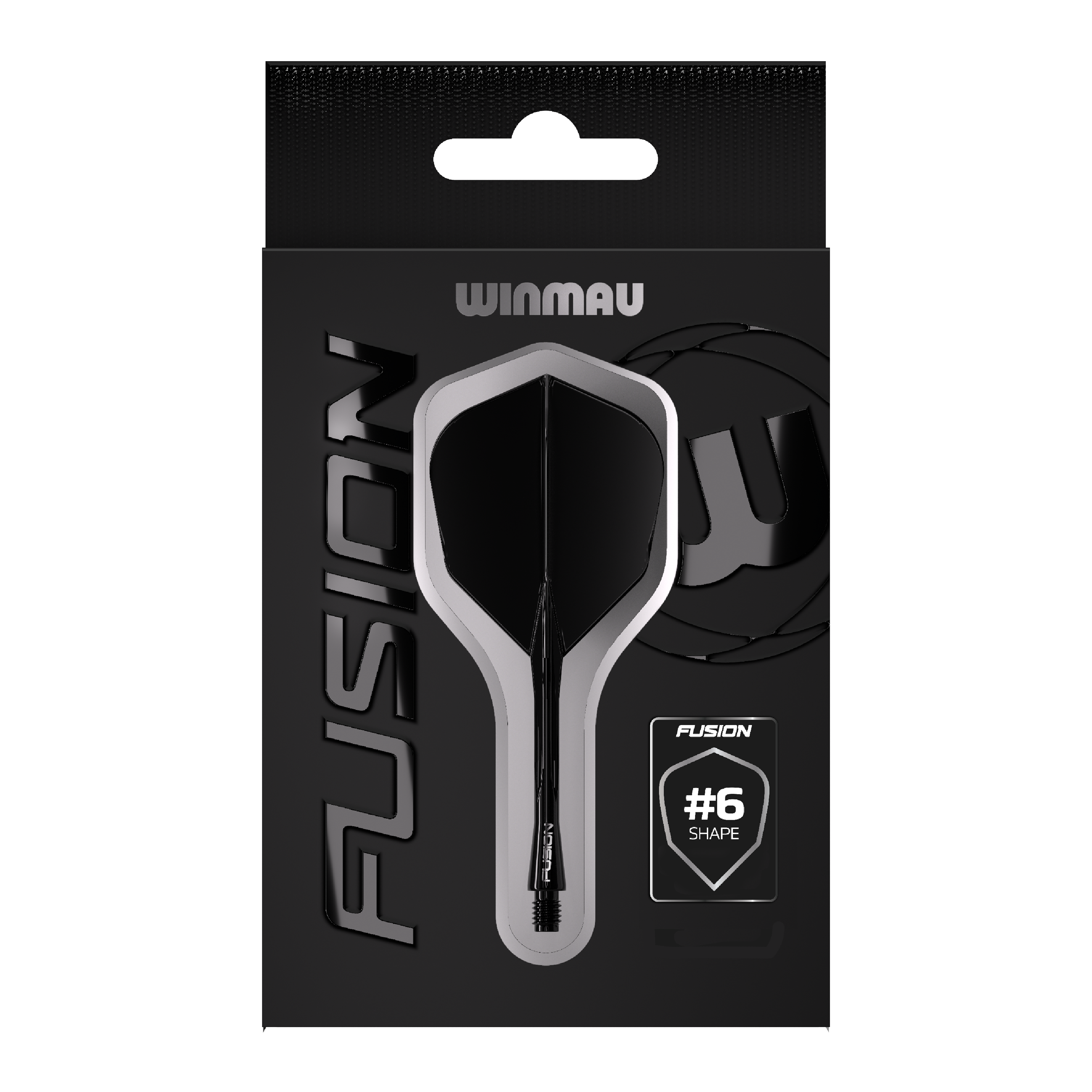 Système d'arbre de vol Winmau Fusion No6 Noir Das Bild zeigt eine Verpackung des Winmau Fusion Flight Shaft Systems in Schwarz. Auf der Verpackung steht, dass es sich um die Form Nummer 6 handelt.