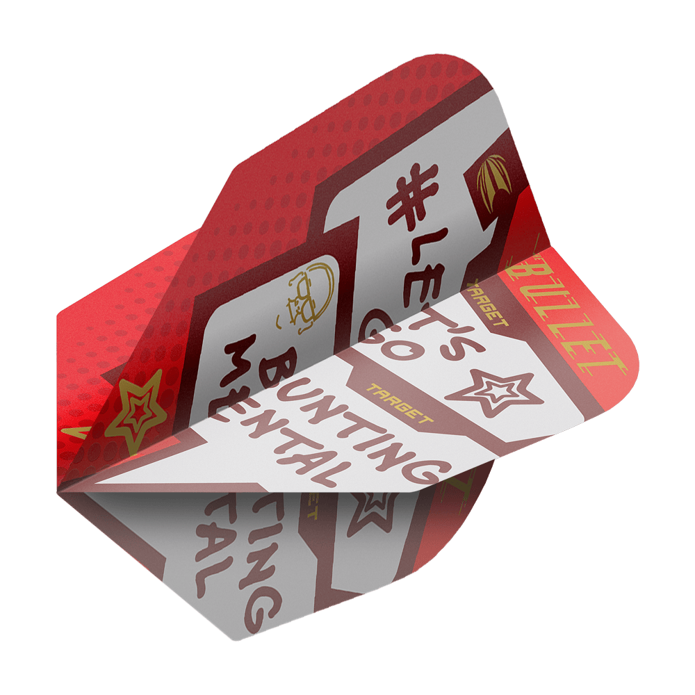 Ailettes Target Pro Ultra Stephen Bunting Mental No6 - 3 jeux Das Bild zeigt ein Set von Target Pro Ultra Stephen Bunting Mental No6 Flights für Dartpfeile. Die Flights sind rot-weiß gestaltet und mit motivierenden Sprüchen und Sternen verziert.