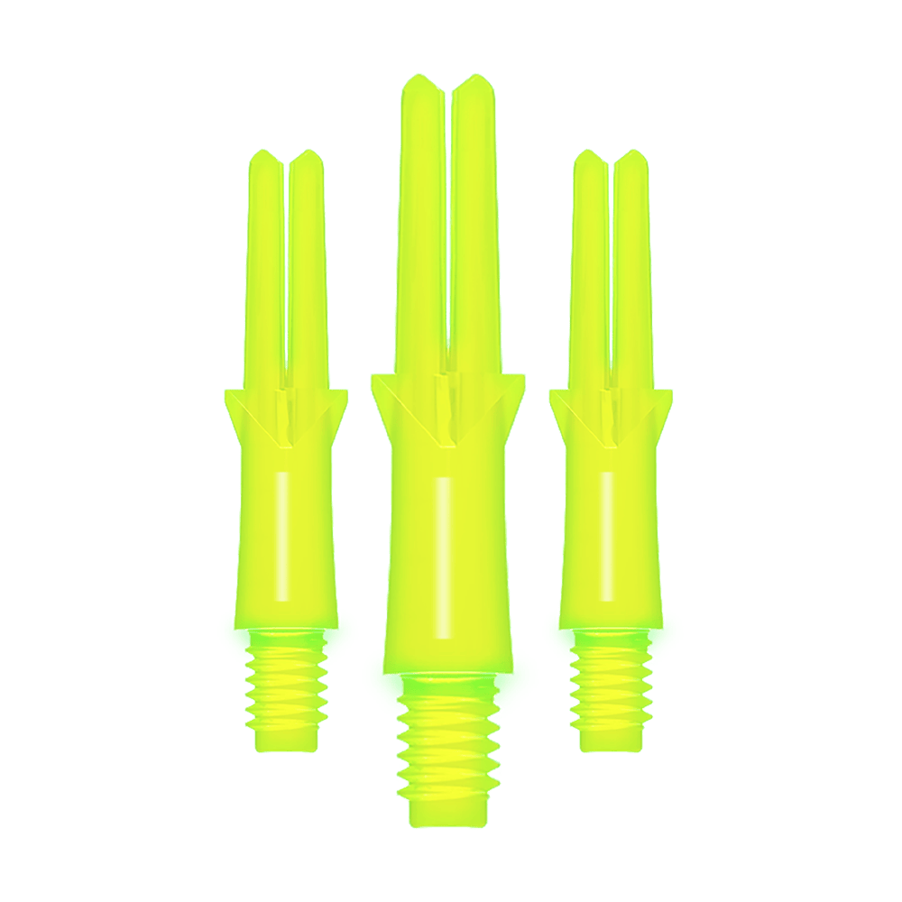 Arbres en L verrouillés droits - Jaune fluo Das Bild zeigt drei neon-gelbe, gerade Dart-Schäfte mit Gewinde. Sie sind unterschiedlich lang und stehen nebeneinander aufrecht.