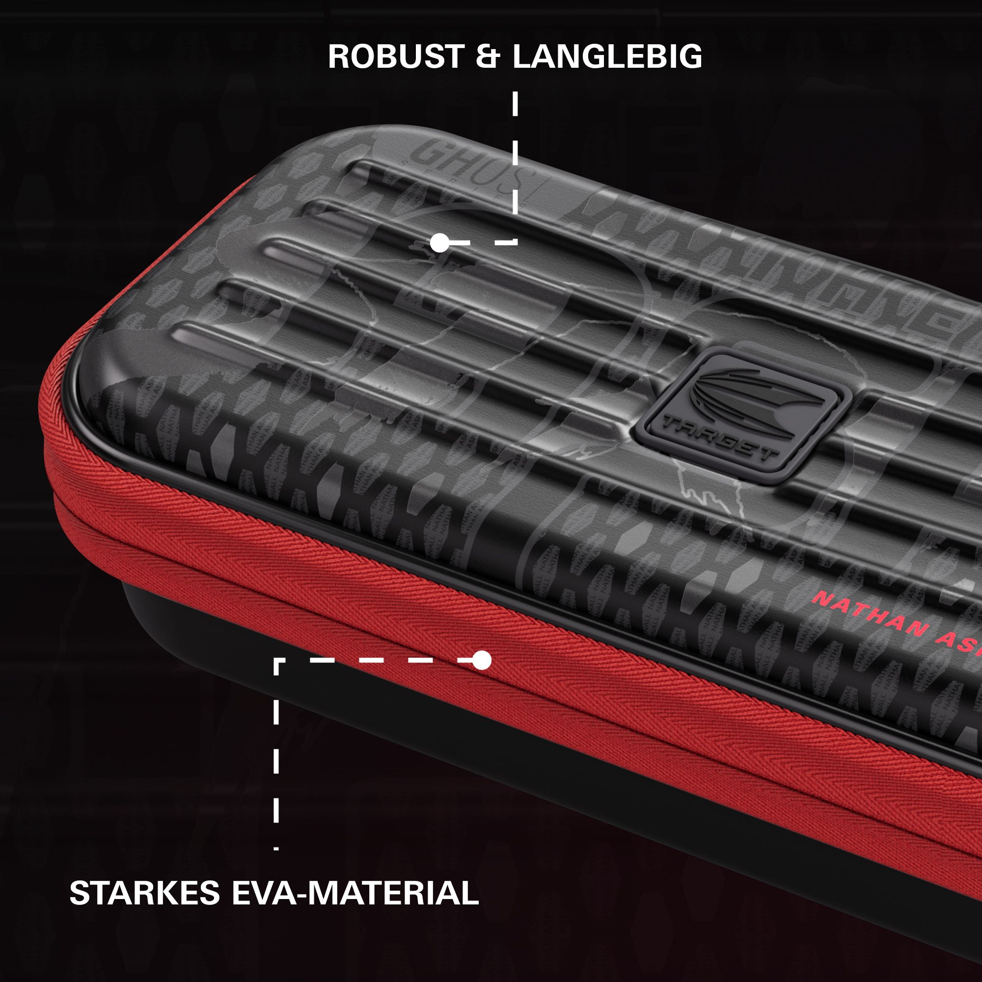 Das Bild zeigt das Dartcase der Takoma Ghost Series Nathan Aspinall. Es handelt sich um ein spezielles Dartcase für Dartzubehör.