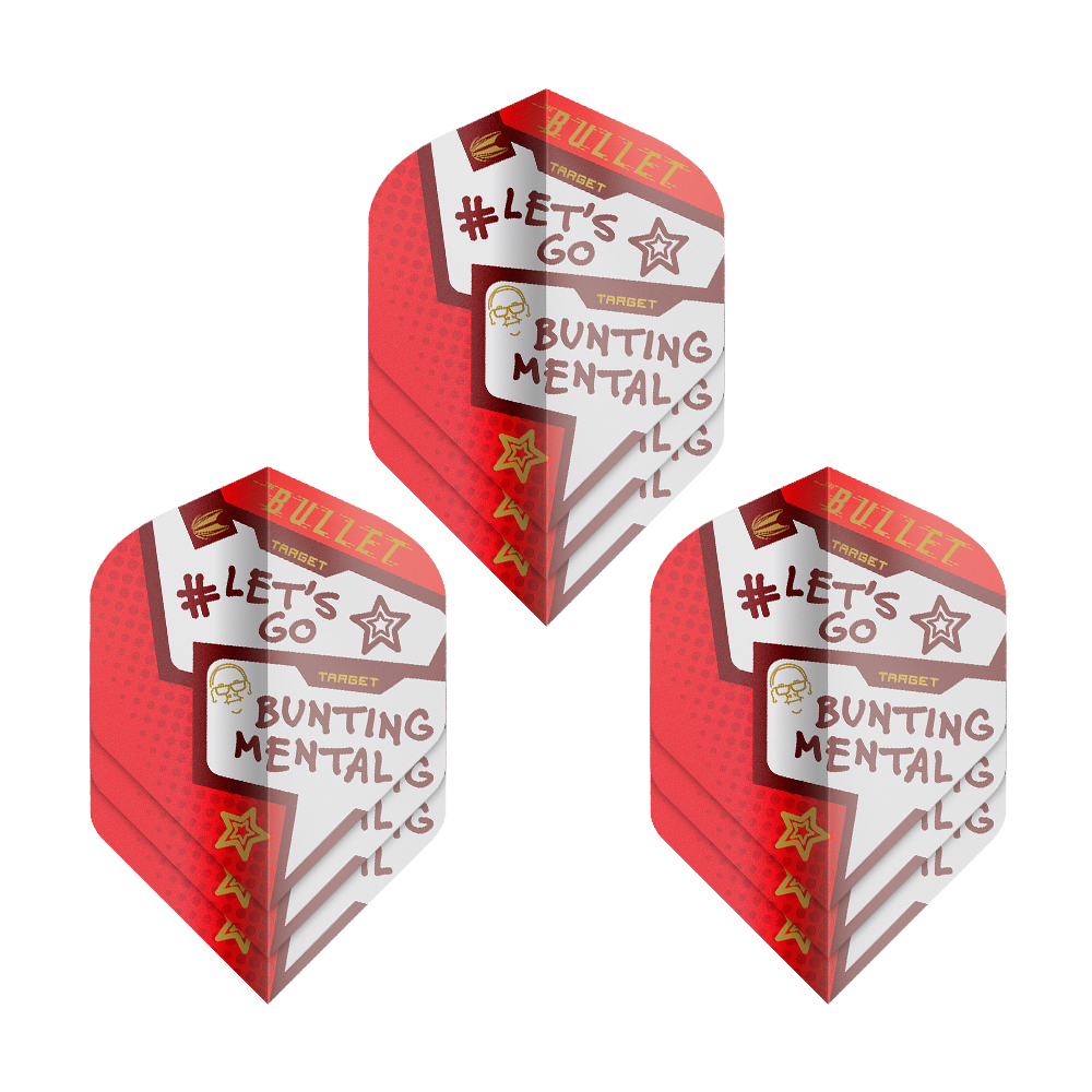 Target Pro Ultra Stephen Bunting Mental No2 Standard Flights - 3 Sets Das Bild zeigt drei Sets der Target Pro Ultra Stephen Bunting Mental No2 Standard Flights. Die Flights sind überwiegend rot und weiß gestaltet und tragen die Aufschrift "#LET'S GO BUNTING MENTAL".