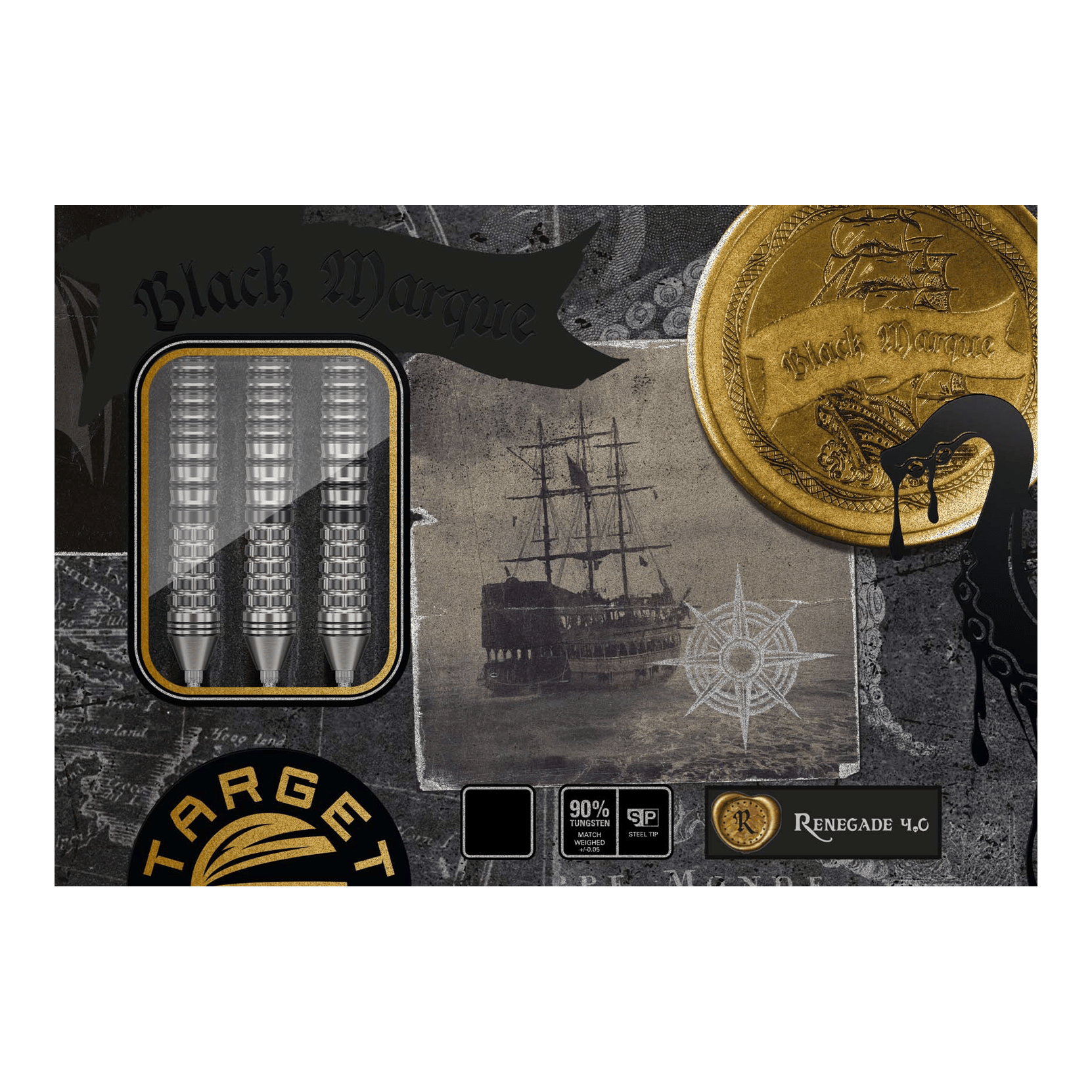 Fléchettes en acier Target Black Marque Renegade 4 Swiss Point Auf dem Bild sind die "Target Black Marque Renegade 4 Swiss Point Steeldarts" zu sehen. Die Verpackung zeigt drei Darts, ein Schiff und eine goldene Münze mit dem Schriftzug "Black Marque".