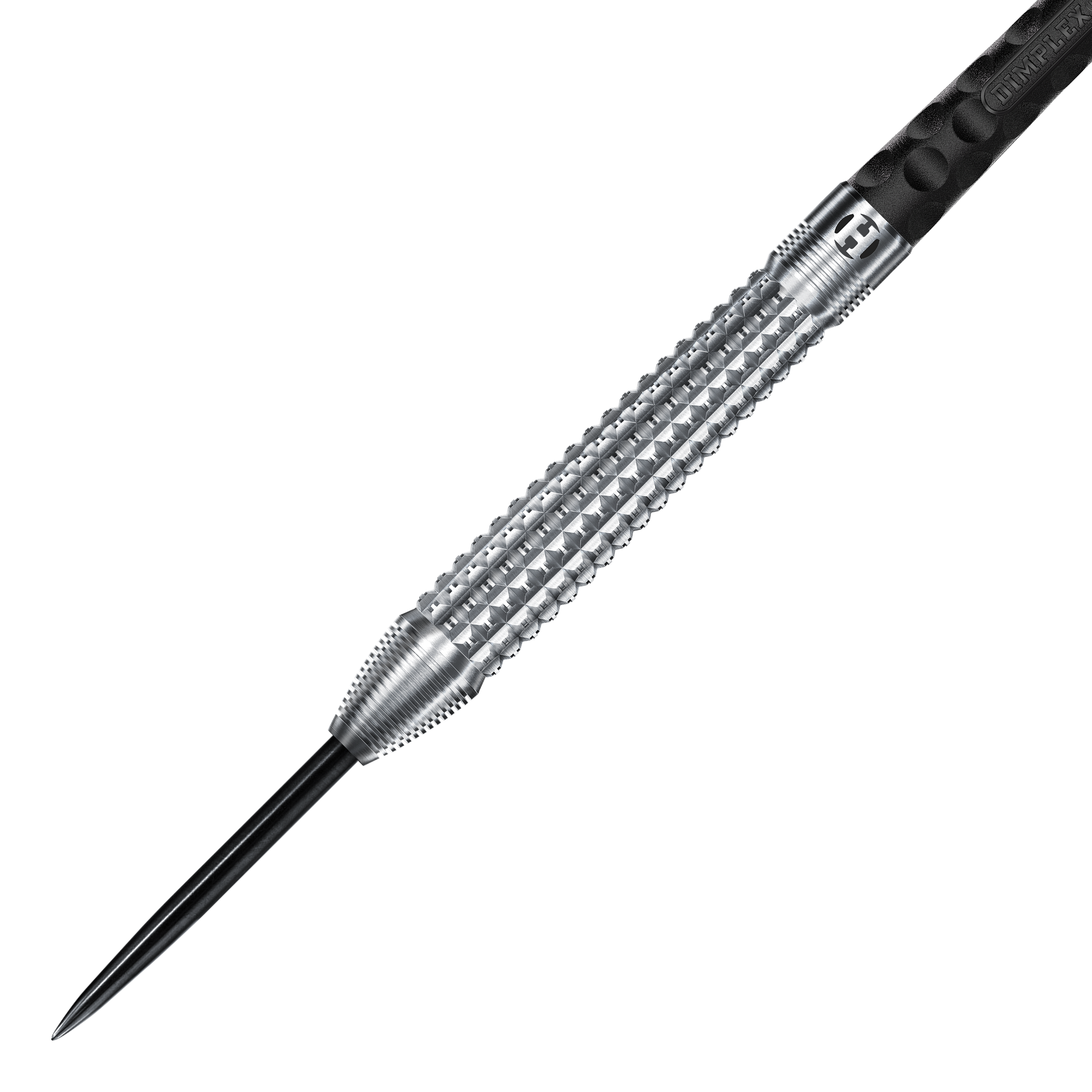Fléchettes coniques en acier Harrows Dimplex S3 Auf dem Bild ist ein Harrows Dimplex S3 Tapered Steeldart zu sehen. Der Dartpfeil hat eine silberne, strukturierte Griffzone und eine scharfe Stahlspitze.
