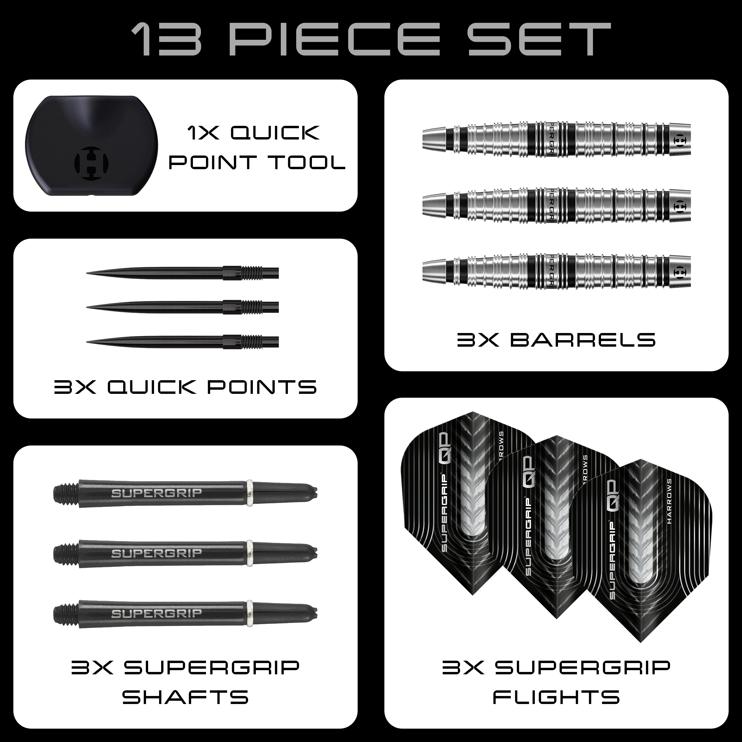 Fléchettes en acier Harrows Supergrip Torpedo Quick Point Harrows Supergrip Torpedo Quick Point Steeldarts sind auf dem Bild zu sehen. Eine Detailansicht hebt den Produktbereich hervor.