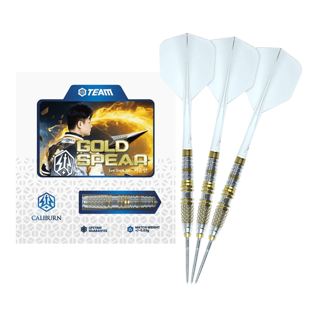 Fléchettes Caliburn Players Lee Soon An Gold Spear Steeldarts - 23 g Hier sieht man die Caliburn Players Darts Lee Soon An Gold Spear Steeldarts mit 23 Gramm. Die Steeldarts sind für Präzision und Kontrolle beim Spiel entwickelt.
