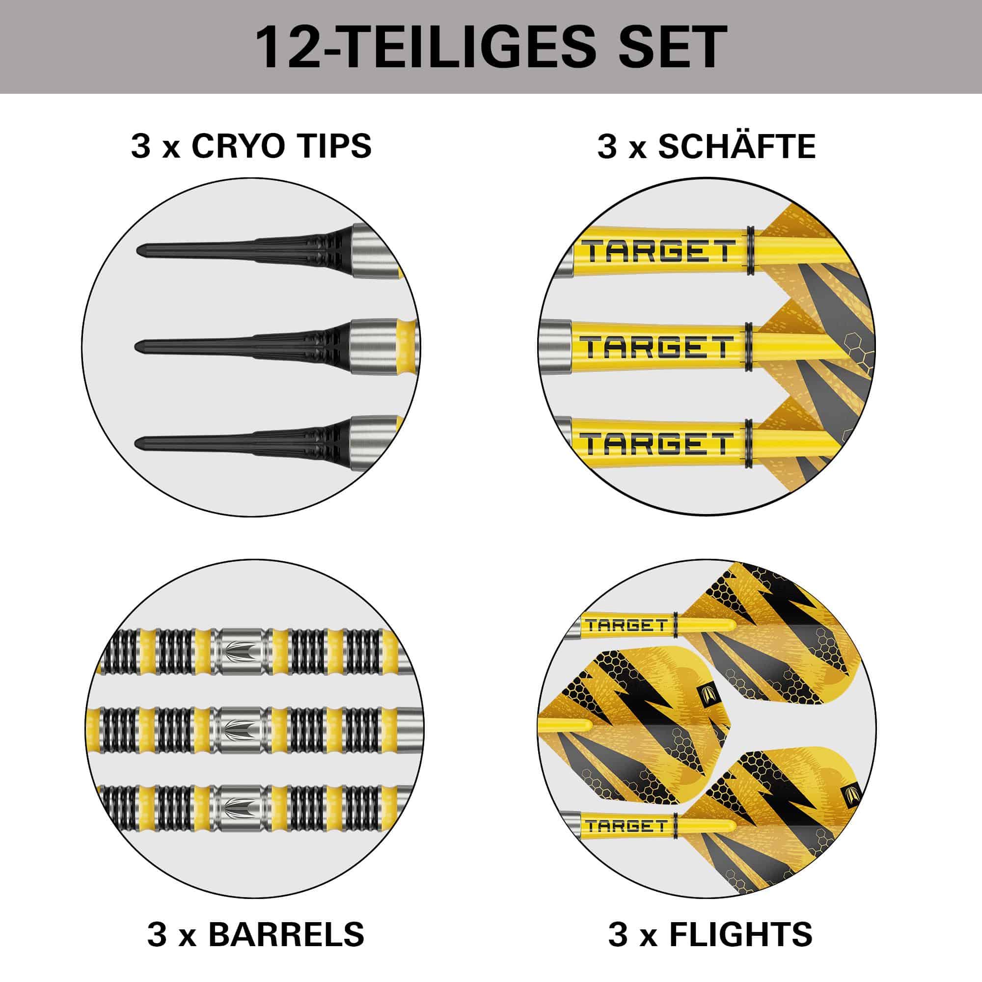 Fléchettes en mousse Target Buzz 11 Dies ist ein Bild von Target Buzz 11 Softdarts. Es zeigt ein Set Darts für das Softdartspiel.