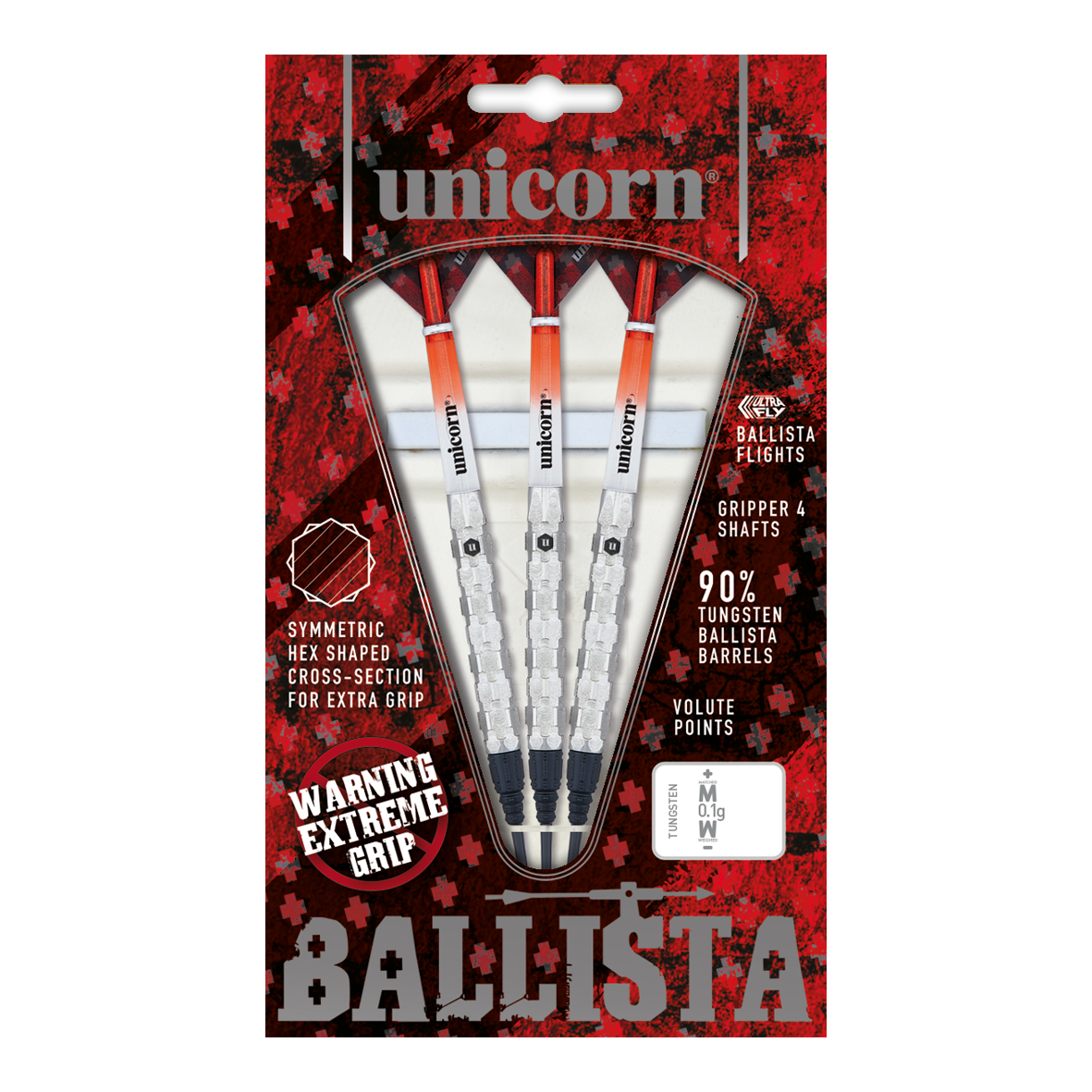 Fléchettes souples Unicorn Ballista Style 1 Das Bild zeigt die Verpackung der "Unicorn Ballista Style 1 Softdarts". In der Packung befinden sich drei Softdarts mit weiß-roten Flights und silbernen Griffen.