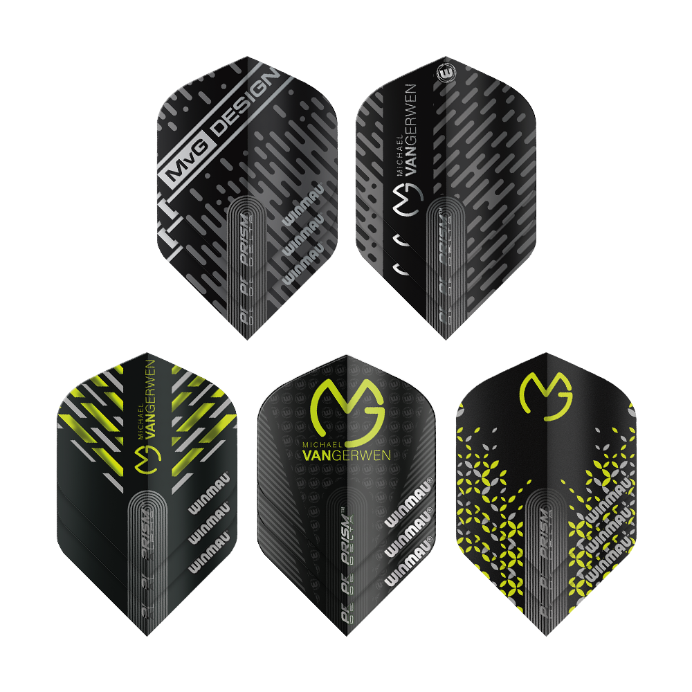Pack de vol Winmau MvG Prism 2 Das Bild zeigt das Produkt "Winmau MvG Prism Flight Pack 2" mit fünf unterschiedlich gestalteten Dart-Flights. Die Designs sind überwiegend schwarz und gelb mit verschiedenen Mustern und dem Michael van Gerwen Logo.