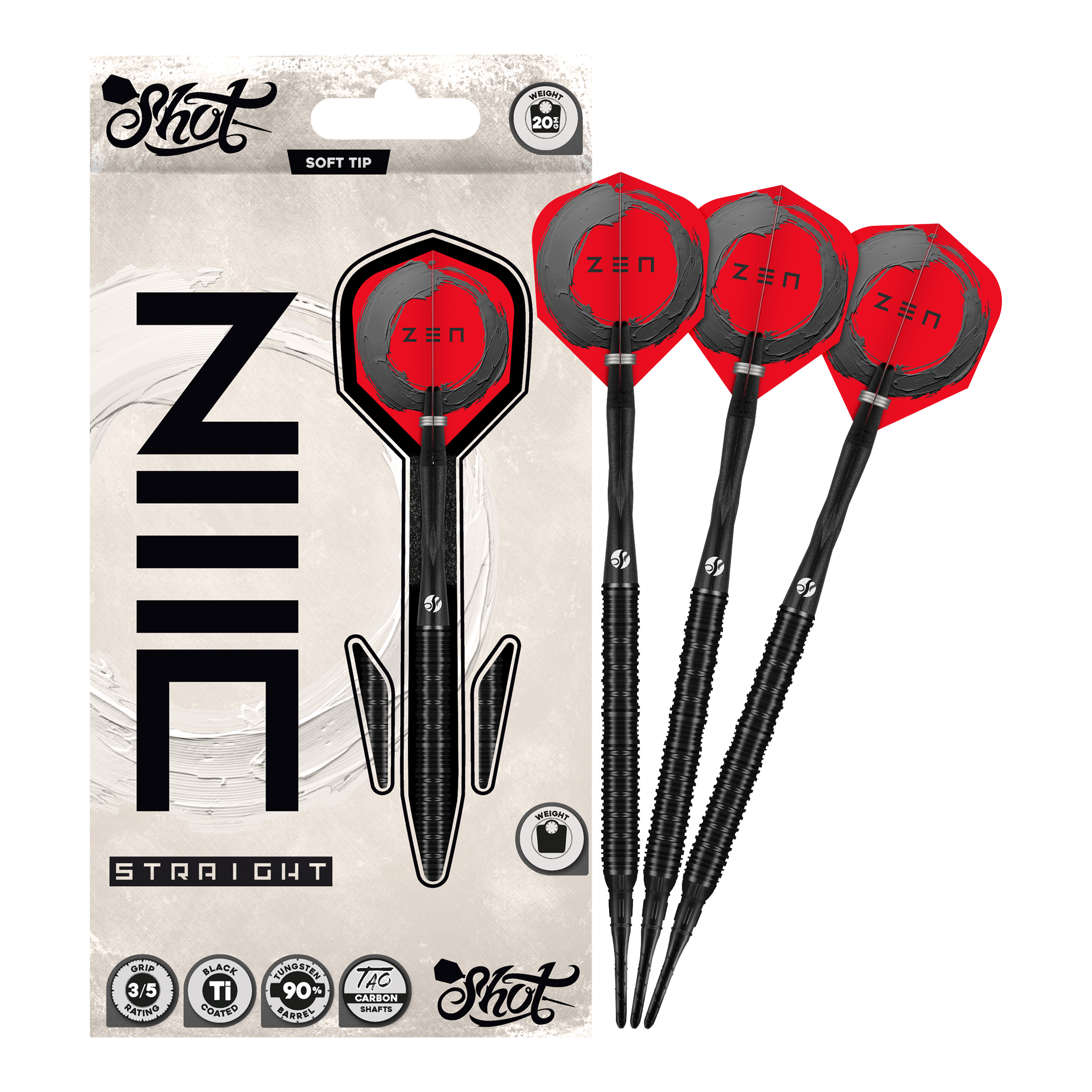 Fléchettes en mousse Shot ZEN Straight - 20 g Hier sieht man die Shot ZEN Straight Softdarts mit 20 Gramm Gewicht. Sie sind speziell für Softdartspieler konzipiert.