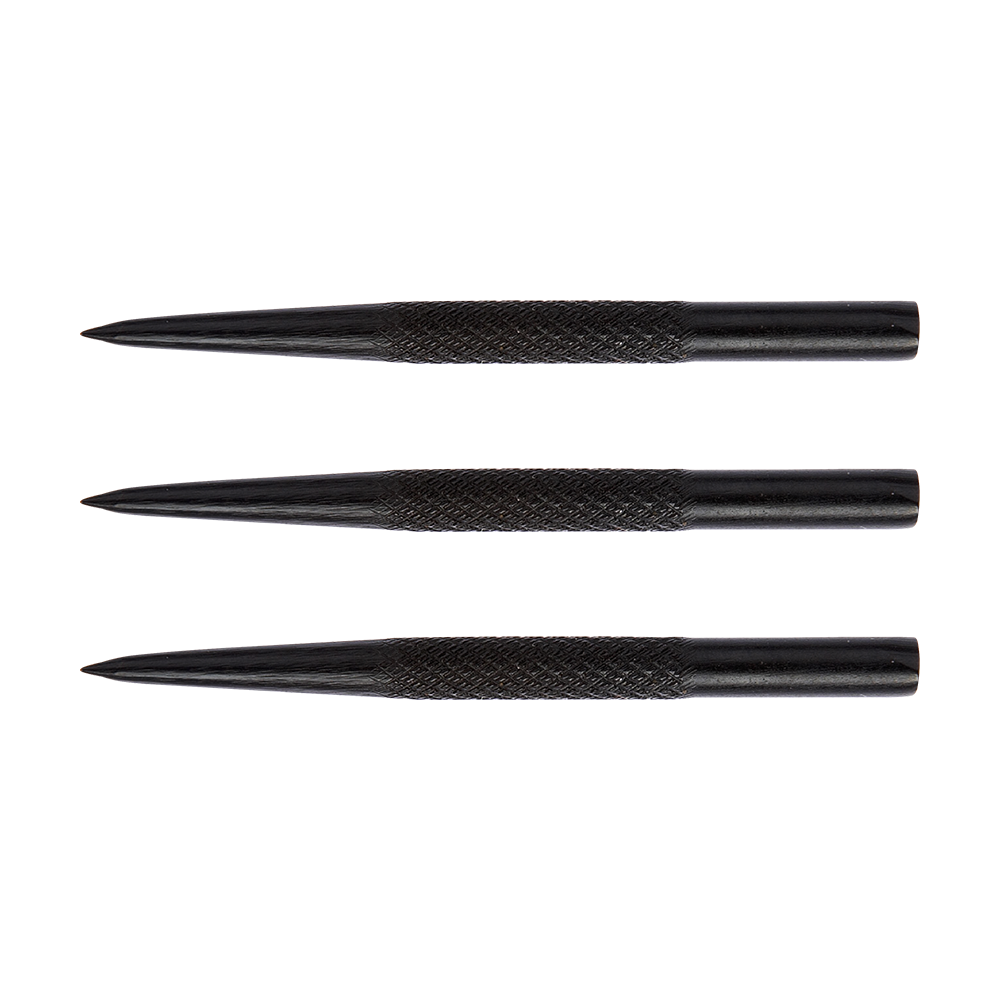 8366Black_Winmau_Knurled_Black_Steeldart_Spitzen_32mm_1 Das Bild zeigt drei schwarze, geriffelte Steeldart-Spitzen der Marke Winmau mit einer Länge von 32 mm. Sie sind in einer Reihe nebeneinander angeordnet und haben eine scharfe Spitze.