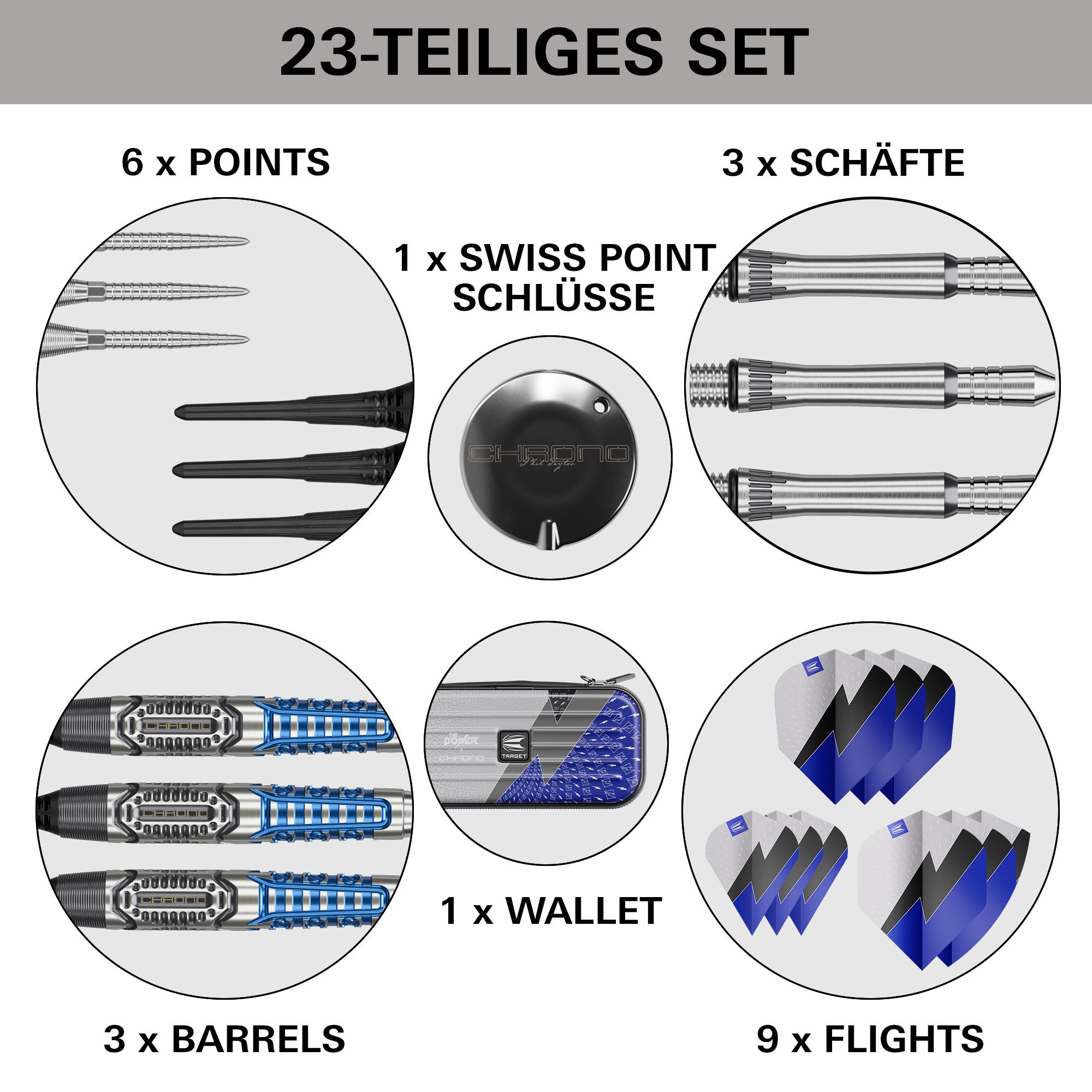 Fléchettes souples Target Phil Taylor Power X Chrono Das Produkt Target Phil Taylor Power X Chrono Softdarts ist dargestellt. Es handelt sich um Softdarts mit auffälligem Aussehen.
