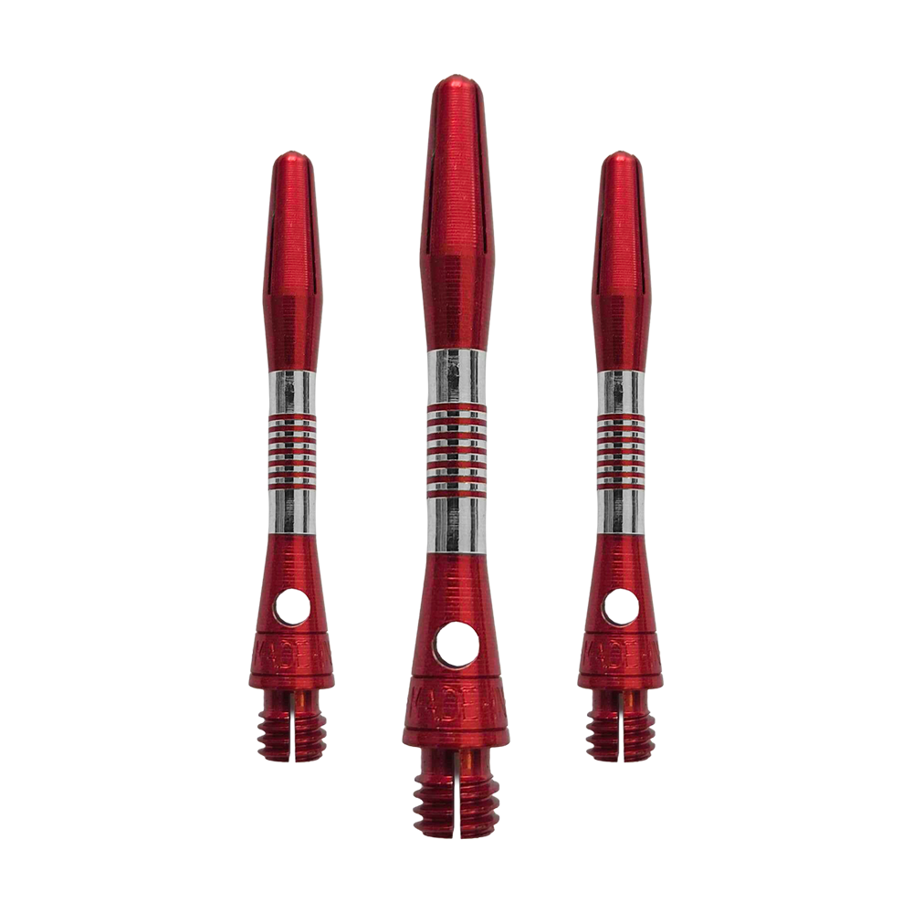 Tiges en aluminium Cetra Bulls NL - Rouge Abgebildet ist ein Set roter Aluminium Shafts mit 34 mm Länge. Sie werden wahrscheinlich beim Dartspiel verwendet.