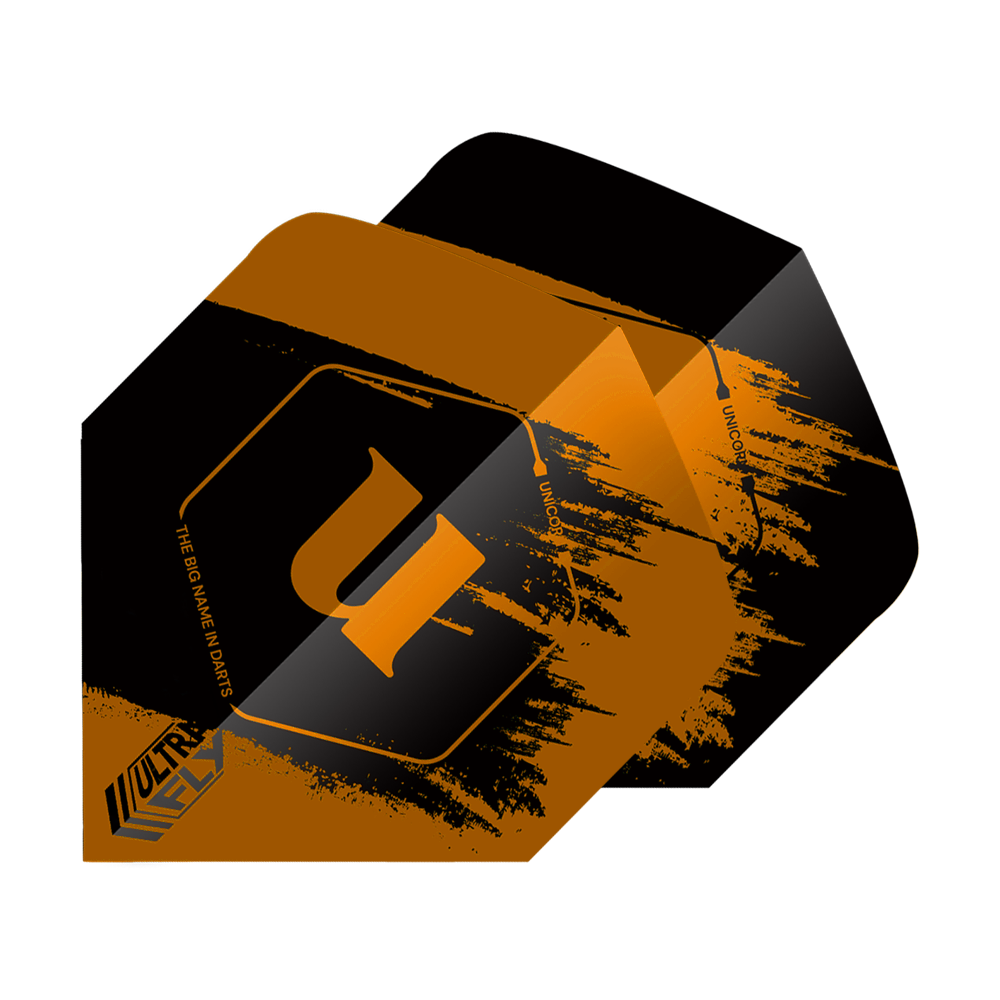 Vols Unicorn Ultrafly 100 Team Unicorn Big Wing - Orange Das Bild zeigt die "Unicorn Ultrafly 100 Team Unicorn Big Wing Flights" in Orange. Die Flights haben ein auffälliges schwarzes und orangefarbenes Design mit dem Buchstaben "u" in der Mitte.