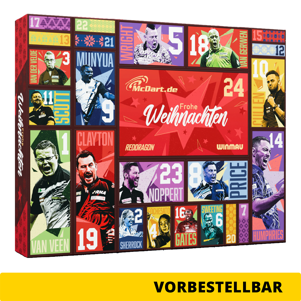 Zu sehen ist der McDart Steel-Darts Adventskalender 2026. Der Kalender bietet Überraschungen für Steeldart-Spieler.