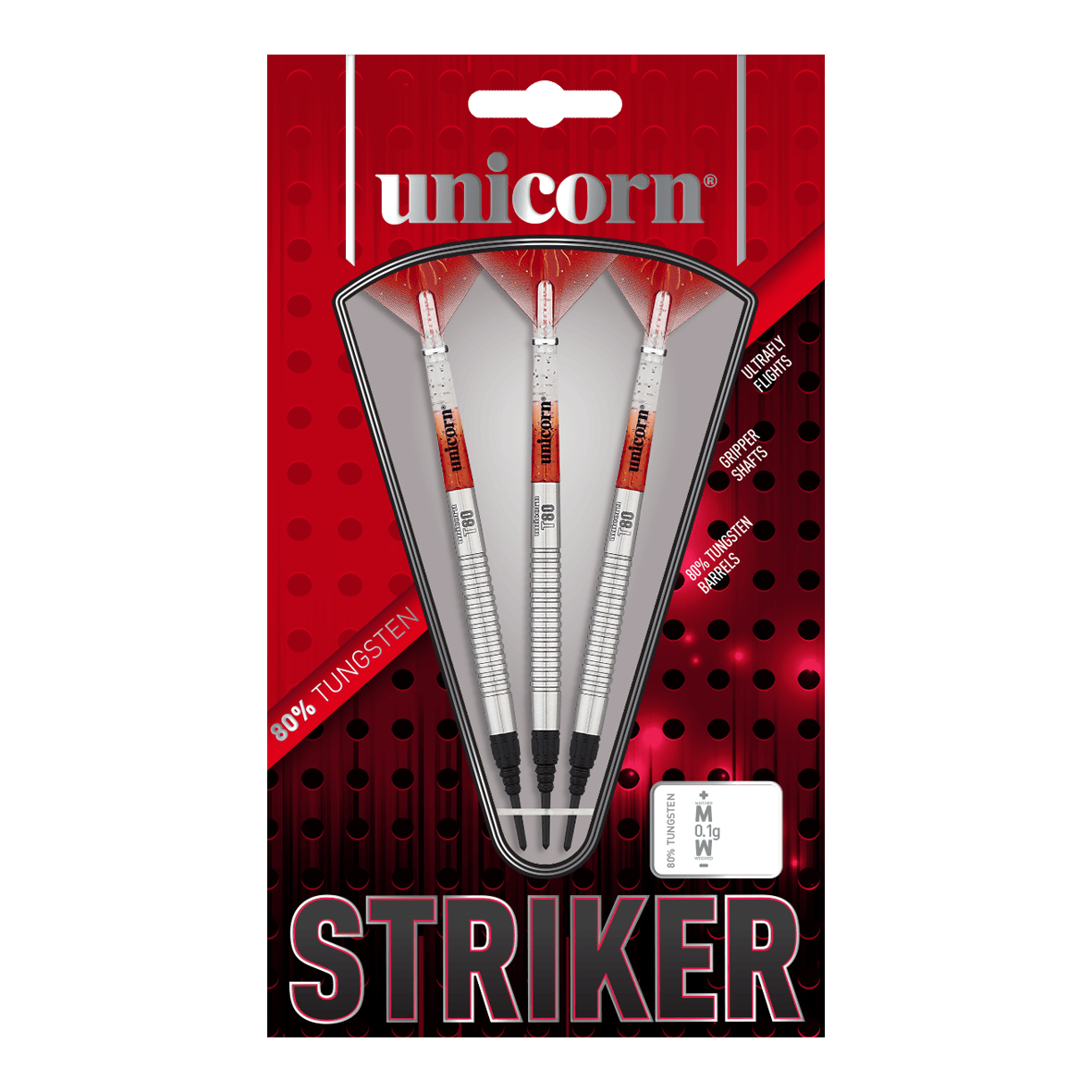 Fléchettes souples Unicorn Core XL Striker Style 1 - 19 g Das Bild zeigt eine Packung der "Unicorn Core XL Striker Style 1 Softdarts - 19g". In der Verpackung befinden sich drei silberfarbene Softdarts mit roten und weißen Details.