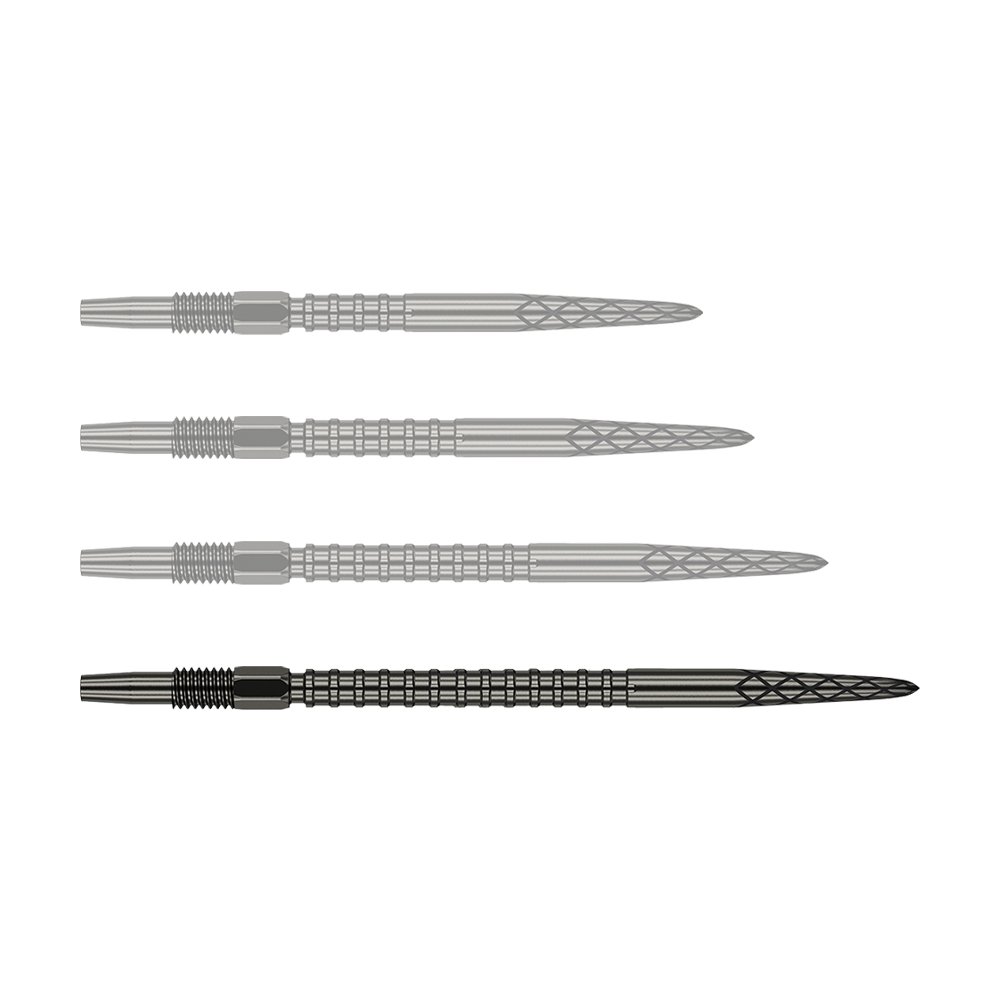Pointes de fléchettes Target Swiss DS Surge Point - Noir Das Bild zeigt vier schwarze Dartspitzen, die nebeneinander ausgerichtet sind. Jede Spitze hat ein geriffeltes und gemustertes Design entlang des Schafts.