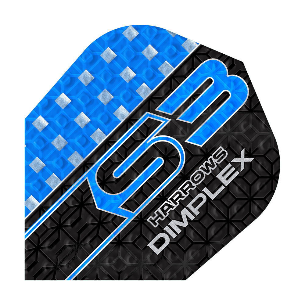 Volets Harrows Dimplex S3 - Bleu Das Bild zeigt ein blau-schwarzes Dartflight mit der Aufschrift "S3 HARROWS DIMPLEX". Die Oberfläche hat ein strukturiertes Muster mit silbernen Akzenten.