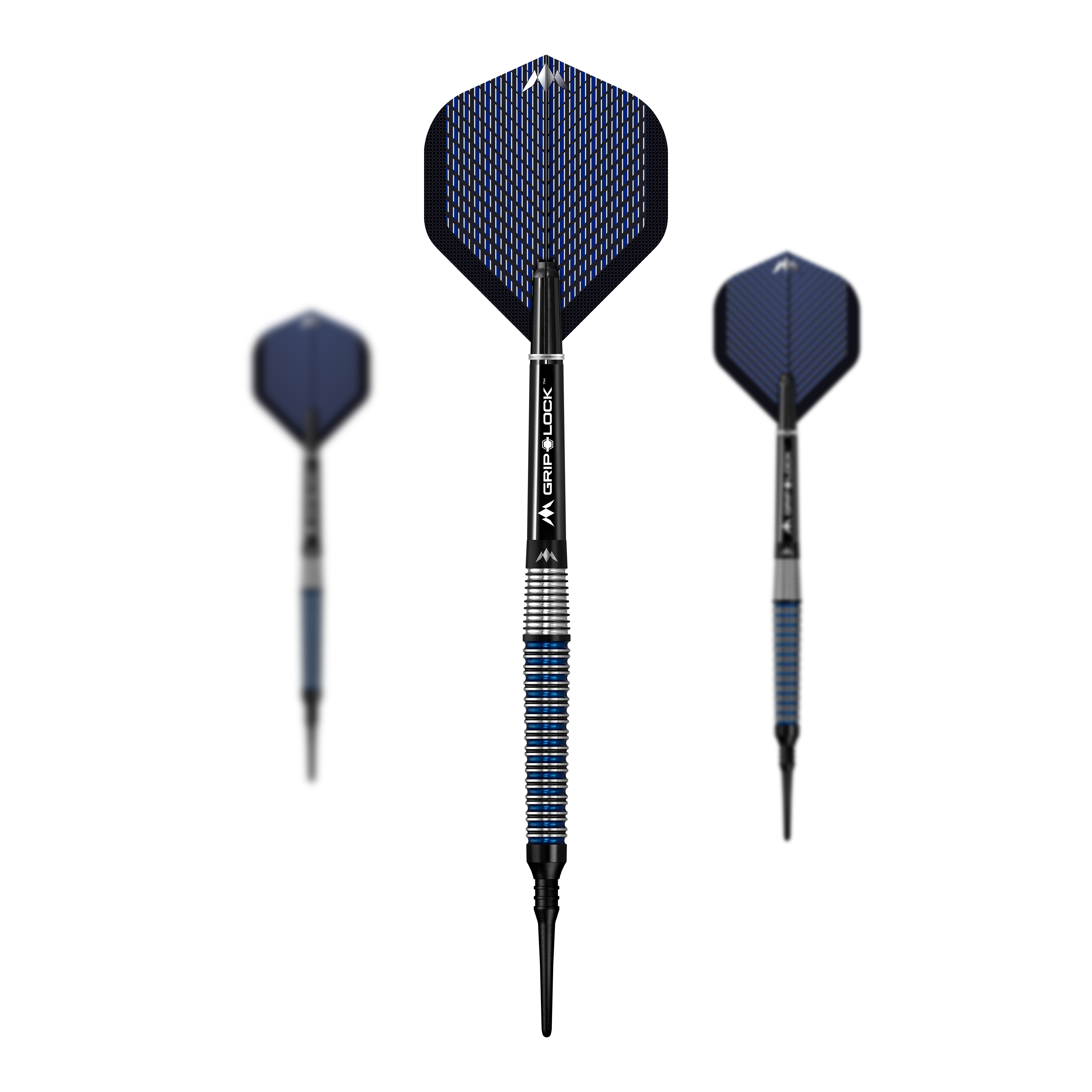 Fléchettes souples Mission Nightfall modèle 2 - 19 g Das Bild zeigt drei Softdarts des Modells "Mission Nightfall Model 3" mit einem Gewicht von 20g. Die Darts haben blaue Flights und einen silber-blauen Schaft mit gezacktem Griff.