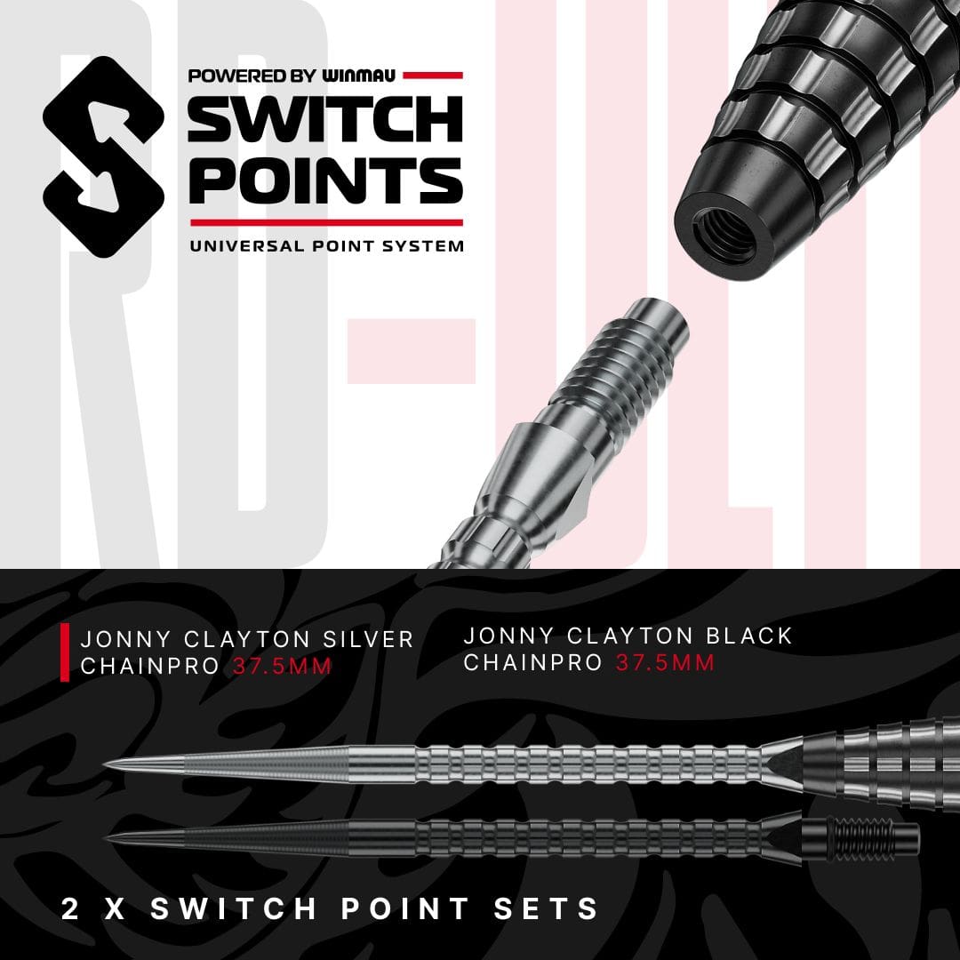 Fléchettes en acier Red Dragon Jonny Clayton RD-ULTRA Switch Point - 22 g Die Abbildung zeigt die Red Dragon Jonny Clayton RD-ULTRA Switch Point Steeldarts mit 22 Gramm. Die Darts liegen nebeneinander und sind gut sichtbar.