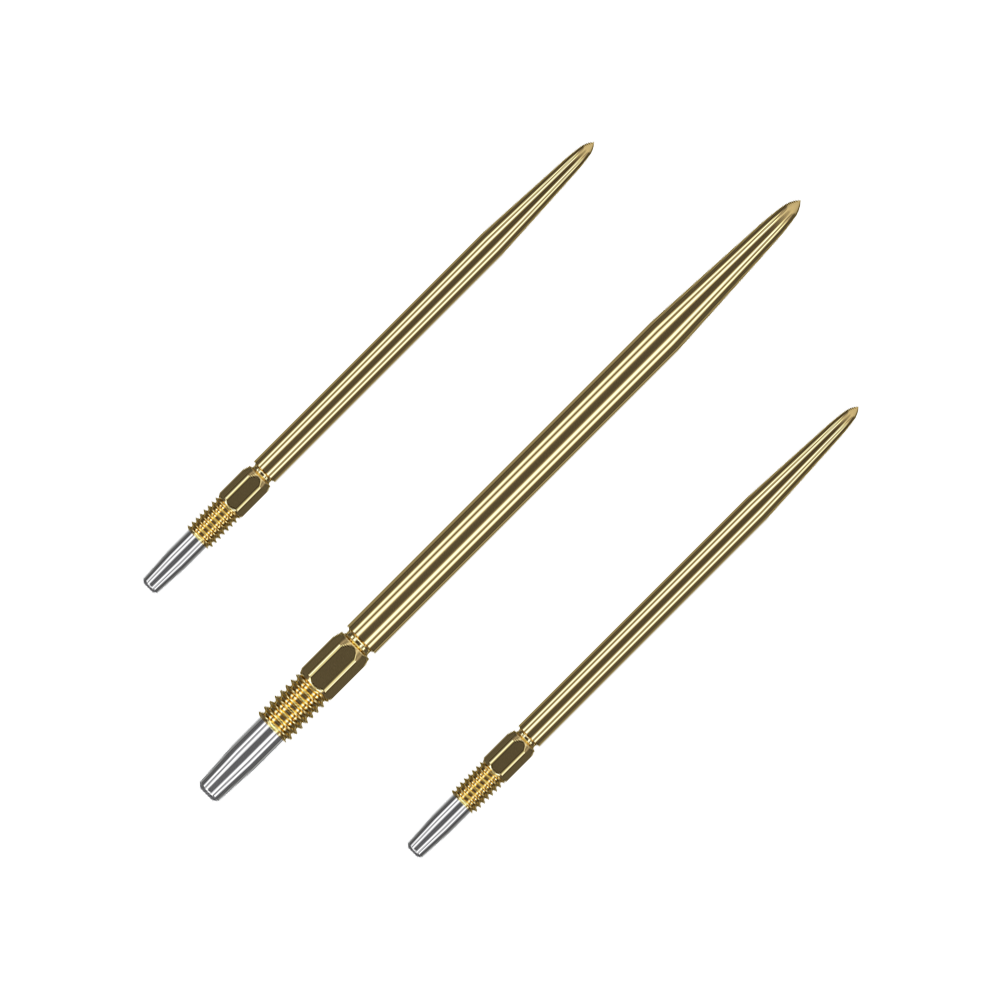 Pointes de fléchettes Target Swiss Point Gold Auf dem Bild sind drei goldene Dartspitzen zu sehen. Sie haben ein geriffeltes silbernes Endstück zur Befestigung.