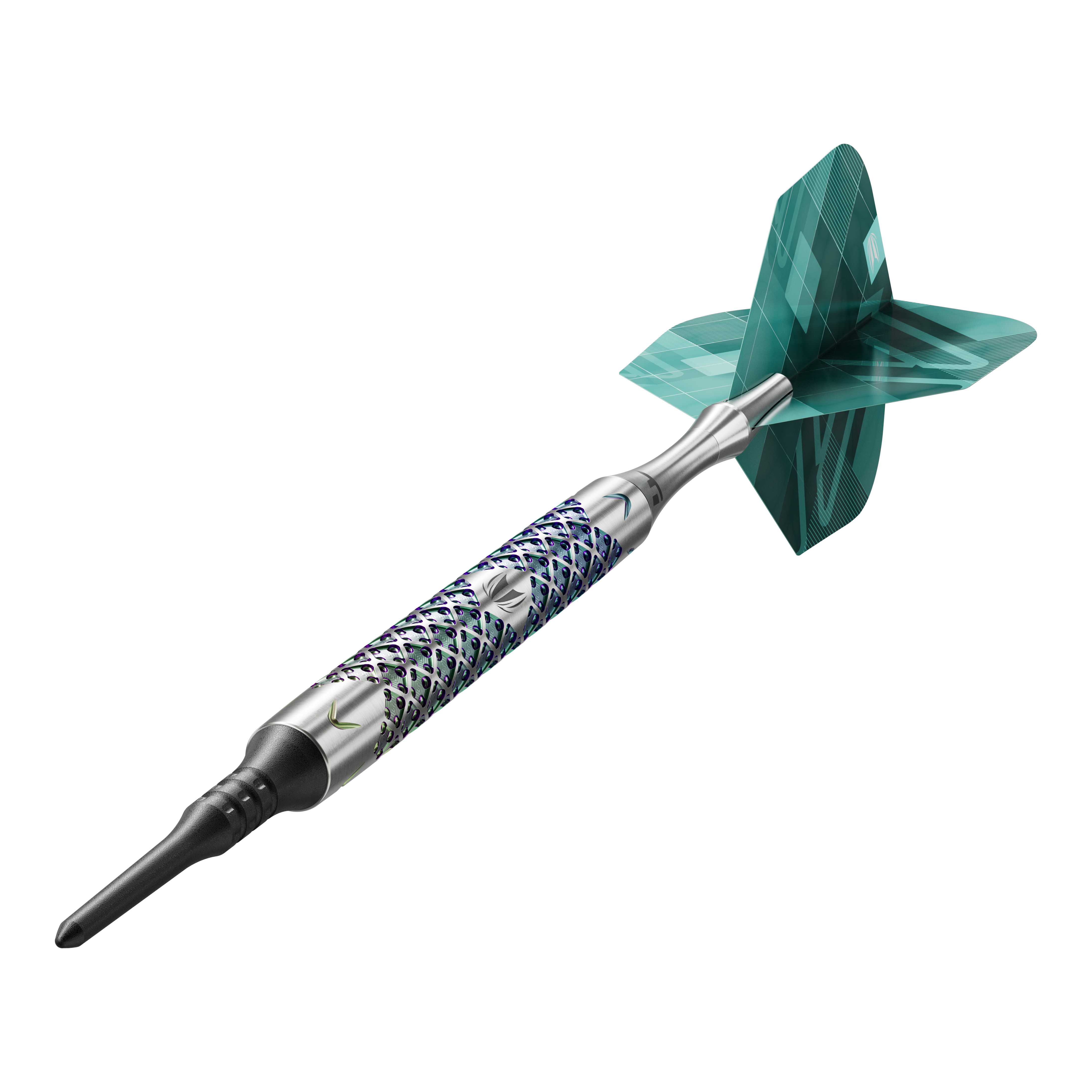 Target Rove 10 fléchettes souples Das Bild zeigt einen einzelnen Target Rove 10 Softdart. Der Dart hat ein silbernes, gemustertes Barrel und grüne Flights.
