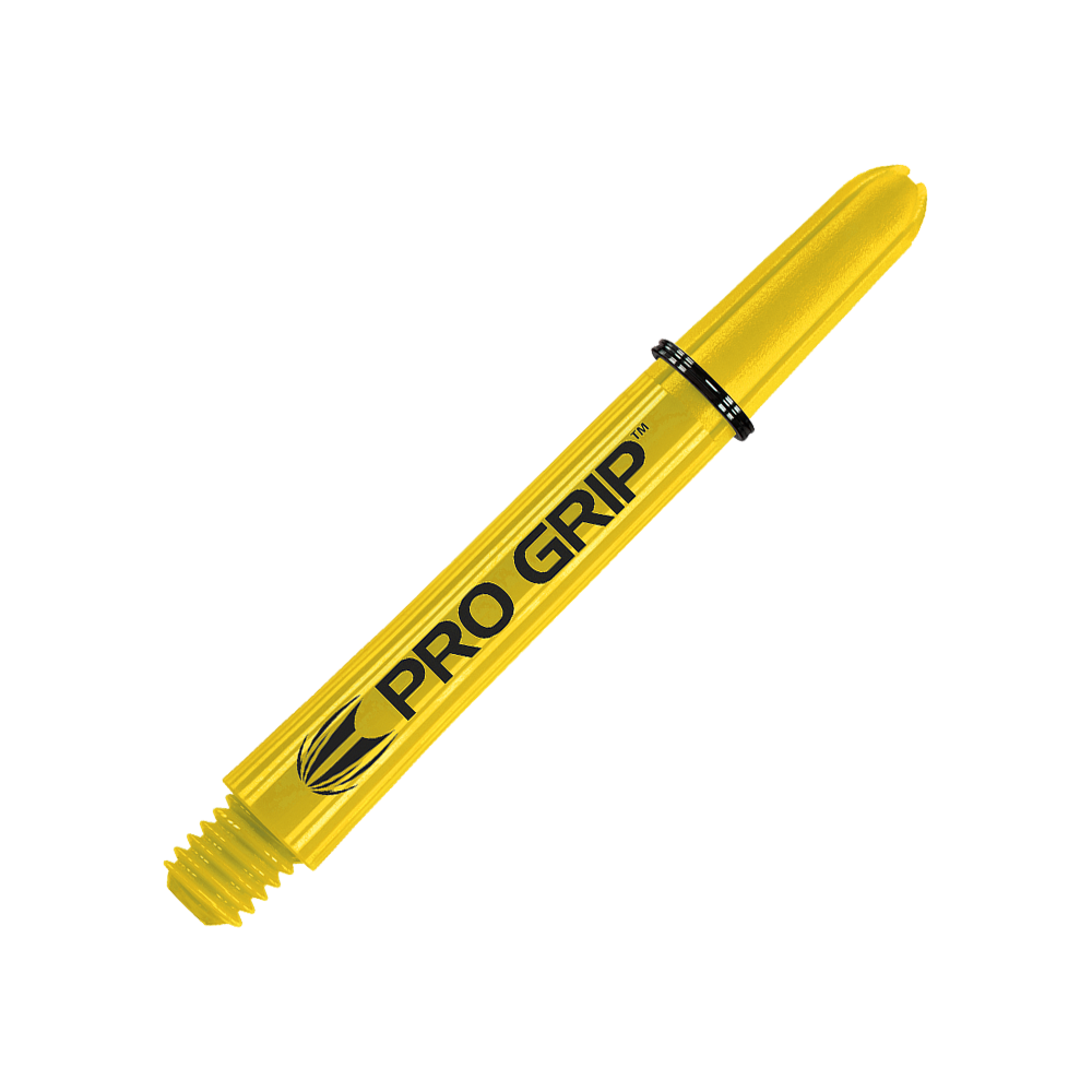 Tiges Target Pro Grip - 3 jeux - Jaune Das Bild zeigt einen gelben Dart-Schaft mit der Aufschrift "PRO GRIP". Der Schaft liegt schräg vor einem gelben, gestreiften Hintergrund.