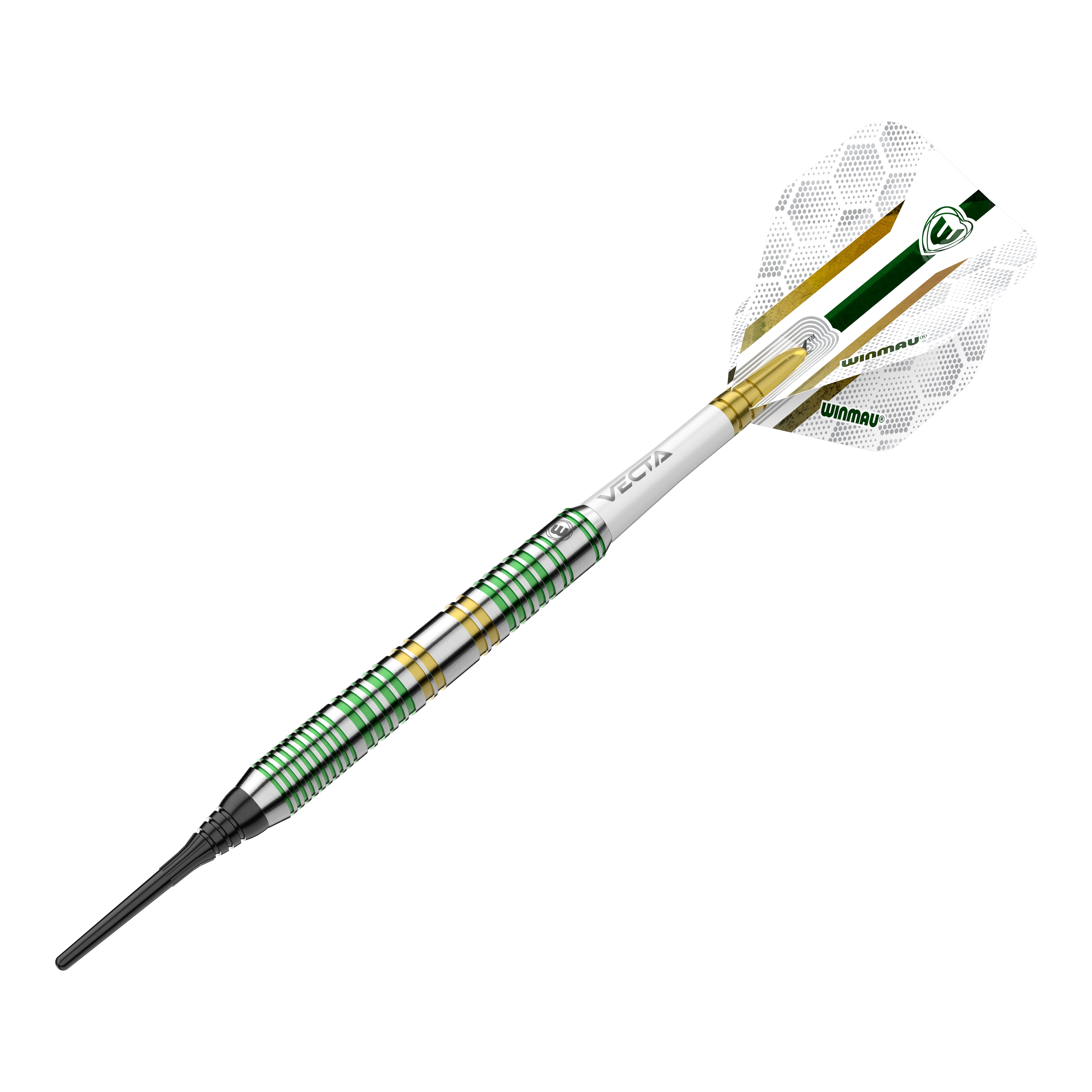 Fléchettes souples Winmau Xenon - 20 g Das Bild zeigt den Winmau Xenon Softdart mit einem Gewicht von 20 Gramm. Der Dart hat grüne und goldene Akzente sowie einen weißen Flight mit Winmau-Logo.