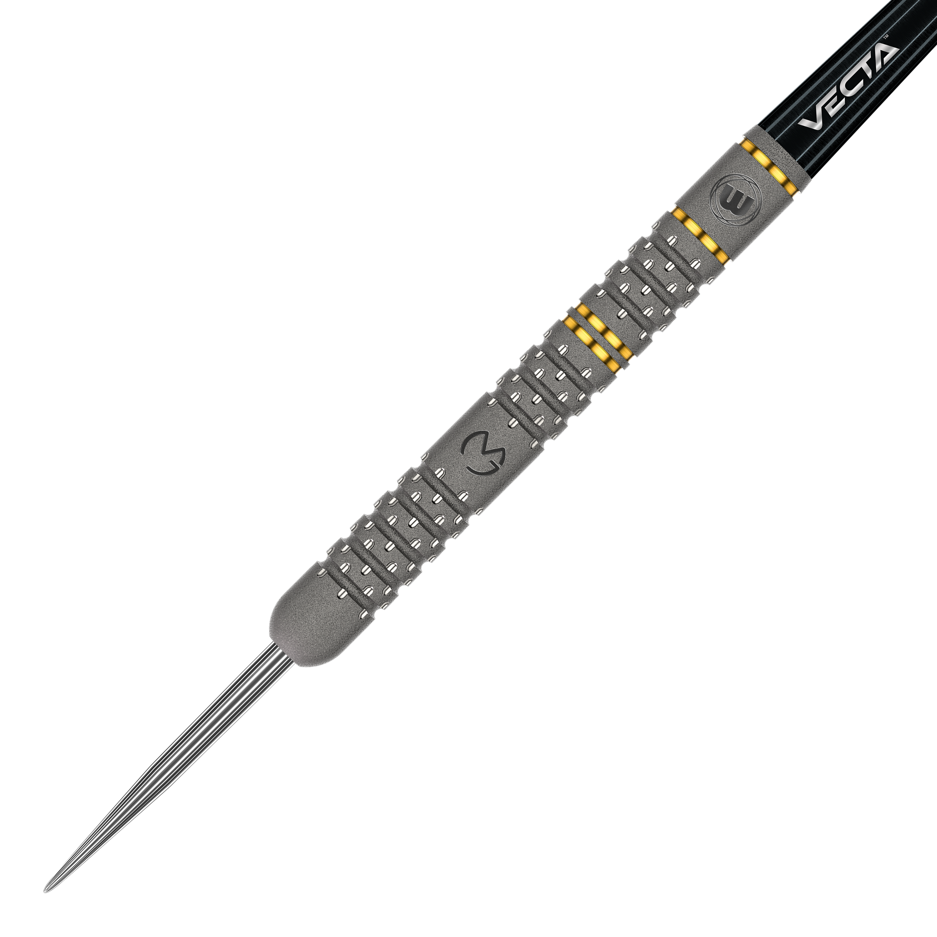Fléchettes en acier Winmau Michael Van Gerwen Evo-X Dies ist ein Winmau Michael Van Gerwen Evo-X Steeldart. Der Dartpfeil hat ein silbernes Barrel mit gelben Akzenten und einer schwarzen Spitze.