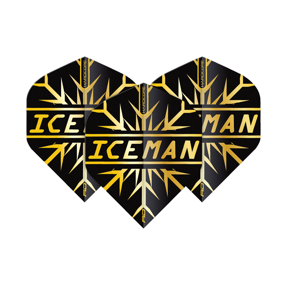Das Bild zeigt drei schwarze Dart-Flights mit goldenen Schneeflocken-Designs. In der Mitte steht in goldener Schrift das Wort "ICEMAN".