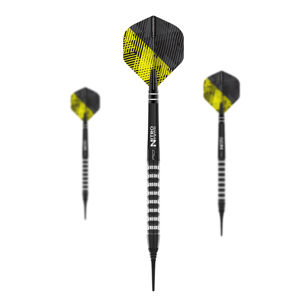 Fléchettes souples Red Dragon Razor Edge Elite - 20 g Das Bild zeigt drei Red Dragon Razor Edge Elite Softdarts mit einem Gewicht von 20g. Die Darts haben schwarze und silberne Griffe sowie gelb-schwarze Flights.