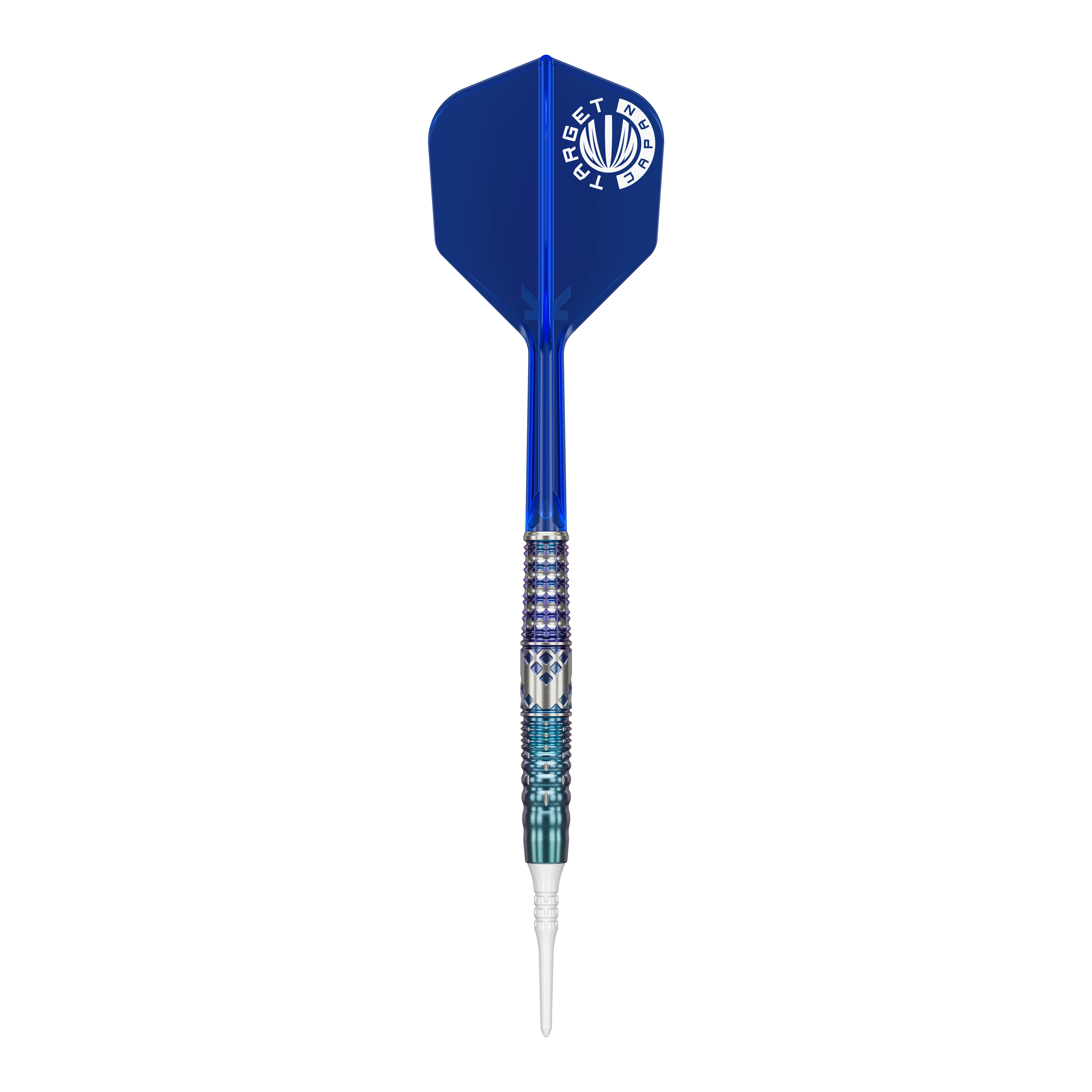 Fléchettes souples Target Japan Cathy Leung Charis GEN5 - 19 g Das Bild zeigt einen Softdart mit einem blauen Flight und silber-blau gemustertem Griff. Es handelt sich um das Produkt "Target Japan Cathy Leung Charis GEN5 Softdarts - 19g".