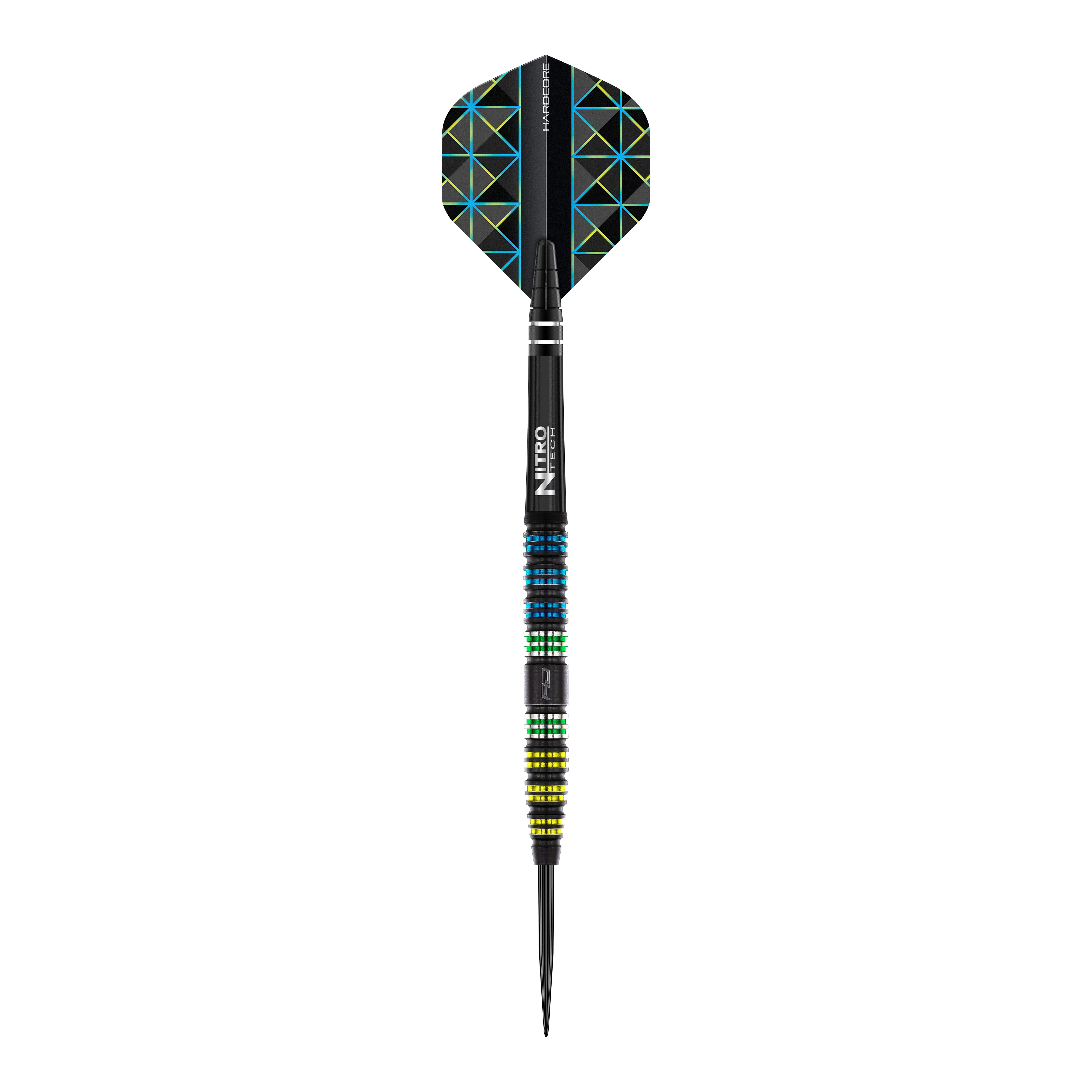 Fléchettes Red Dragon Libellule 95 noires coniques en acier Das Bild zeigt einen Red Dragon Dragonfly 95 Black Tapered Steeldart. Der Dart hat ein schwarzes Design mit farbigen Ringen und geometrischen Mustern auf den Flights.