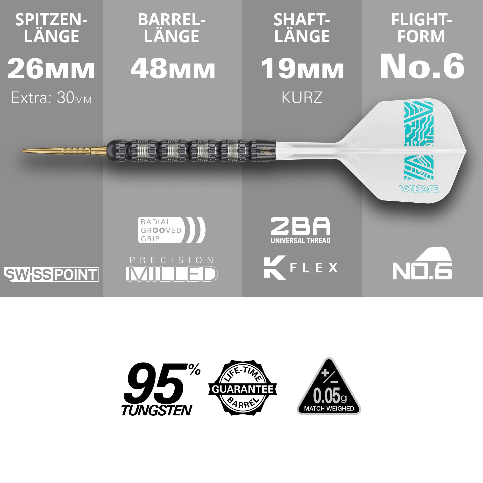 Fléchettes en acier Target Rob Cross 95K Swiss Point Dieses Bild zeigt den Target Rob Cross 95K Swiss Point Steeldart mit technischen Details zu Spitze, Barrel, Schaft und Flight. Der Dart besteht zu 95% aus Wolfram und hat eine lebenslange Garantie auf das Barrel.