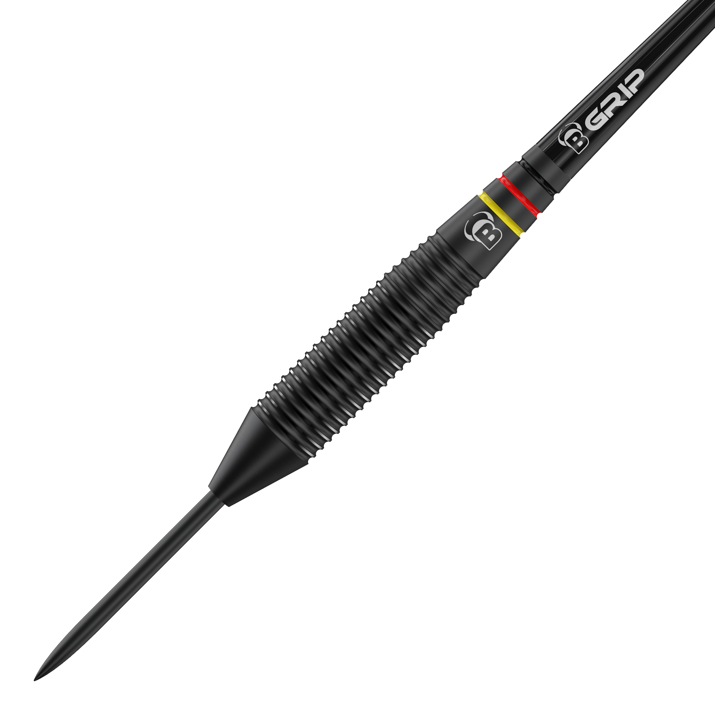 Taureaux Martin Schindler Le Mur Fléchettes en laiton noir Das Bild zeigt einen schwarzen Steeldart aus der Produktreihe "Bulls Martin Schindler The Wall Black Brass Steeldarts". Der Dartpfeil hat ein geriffeltes Griffstück und farbige Ringe nahe dem Übergang zur Schaftaufnahme.