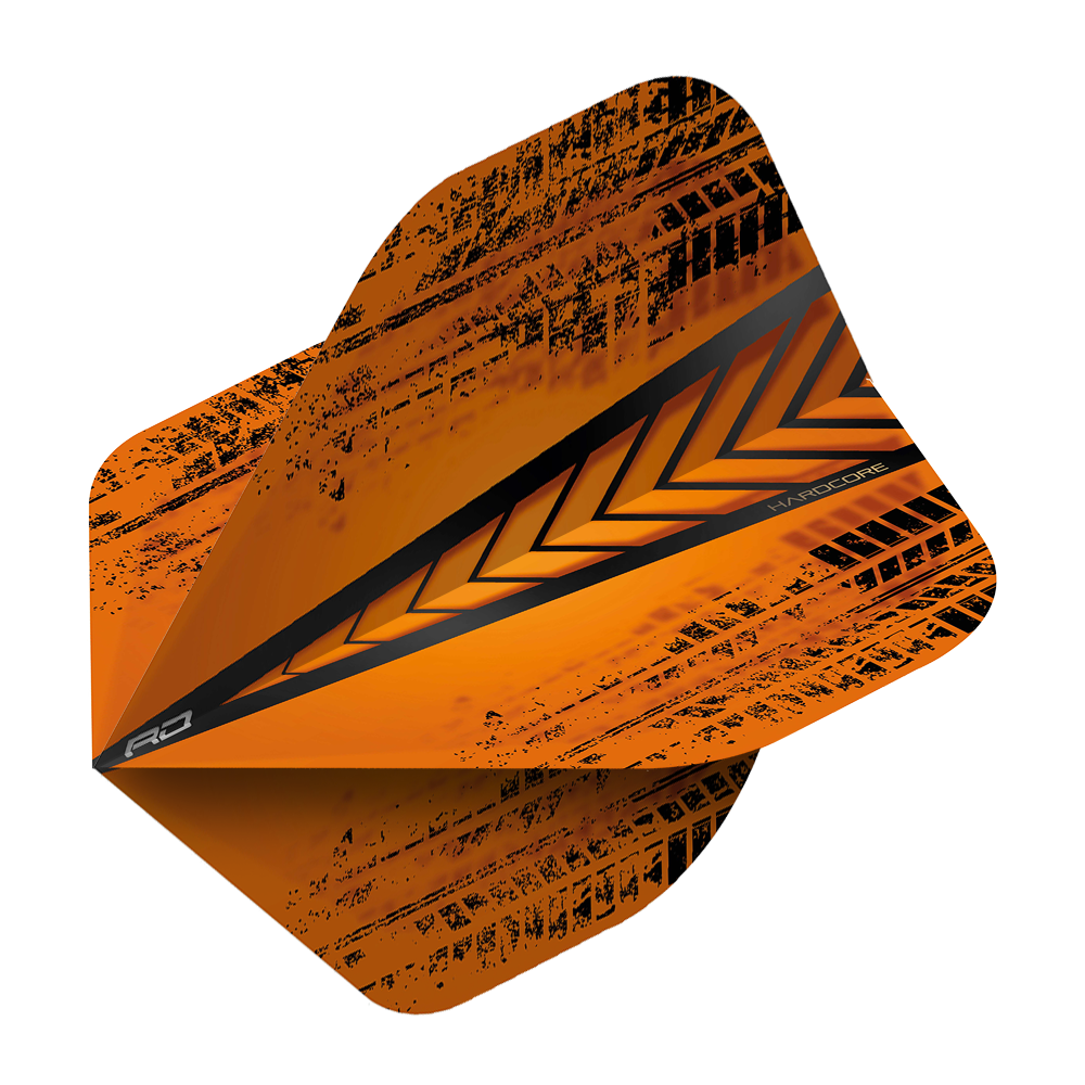 TF6333_Red_Dragon_Hardcore_Radical_Orange_Standard_Flights_2 Dieses Bild zeigt einen orangenen Dart-Flügel mit schwarzen, diagonalen Mustern und einem Pfeil-Design in der Mitte. Das Produkt heißt "Red Dragon Hardcore Radical Orange Standard Flights".