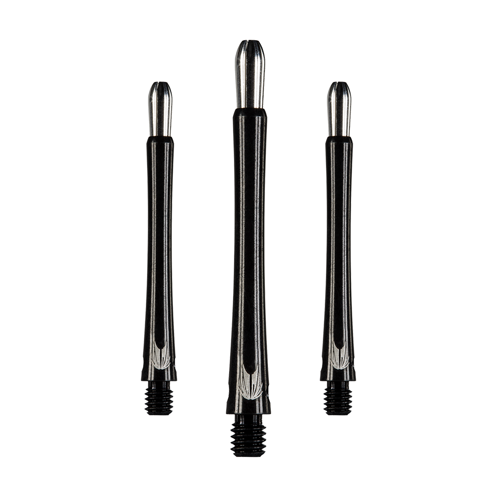 Auf dem Bild sind drei schwarze Aluminium-Dartschäfte in unterschiedlicher Länge zu sehen. Sie haben ein silbernes Oberteil und ein Gewinde am unteren Ende.