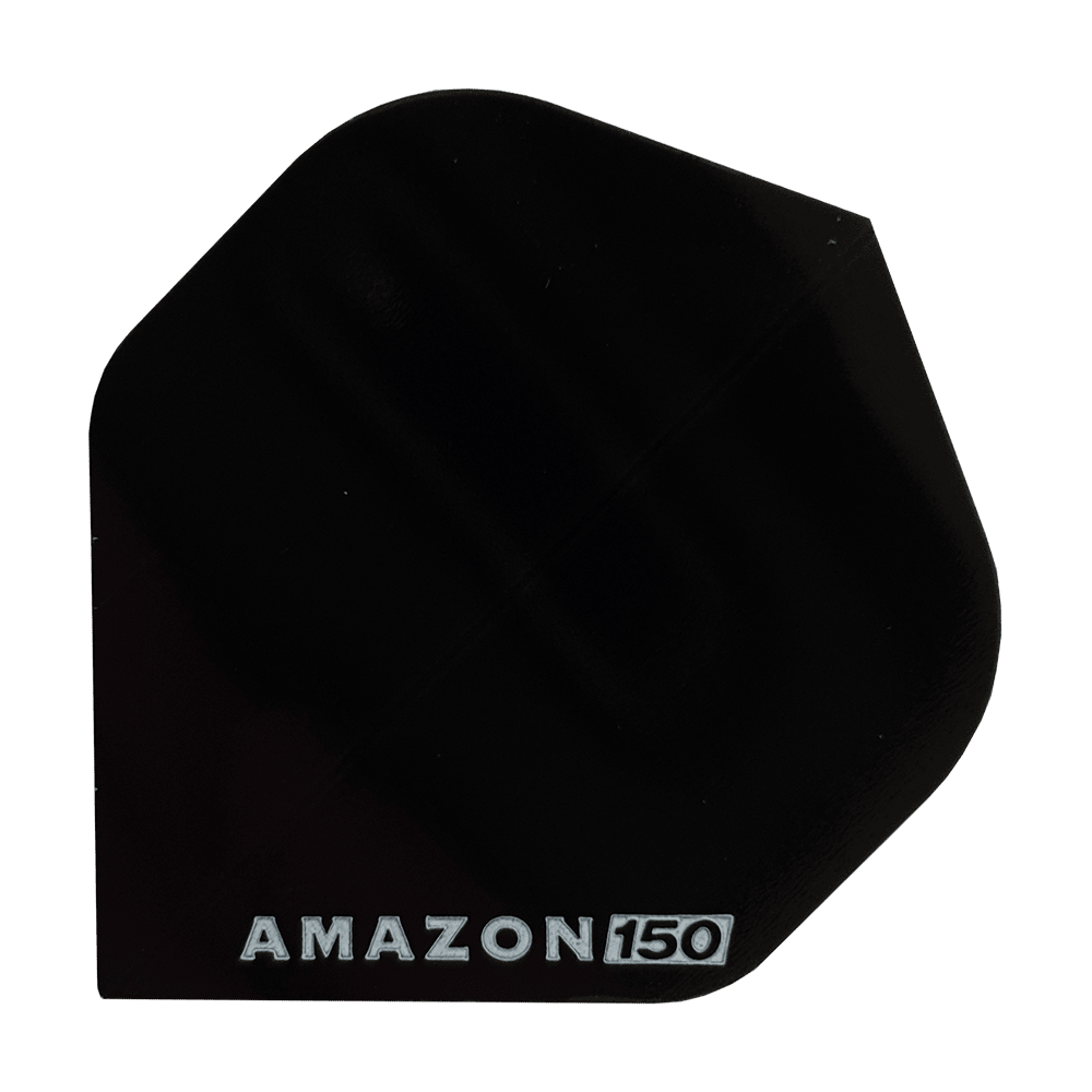 A15_Amazon_150_Flight_Schwarz_1 Das Bild zeigt ein schwarzes Dartflügel mit der Aufschrift "AMAZON 150" in weißer Schrift. Es handelt sich um das Produkt "Amazon 150 Flights - Schwarz".