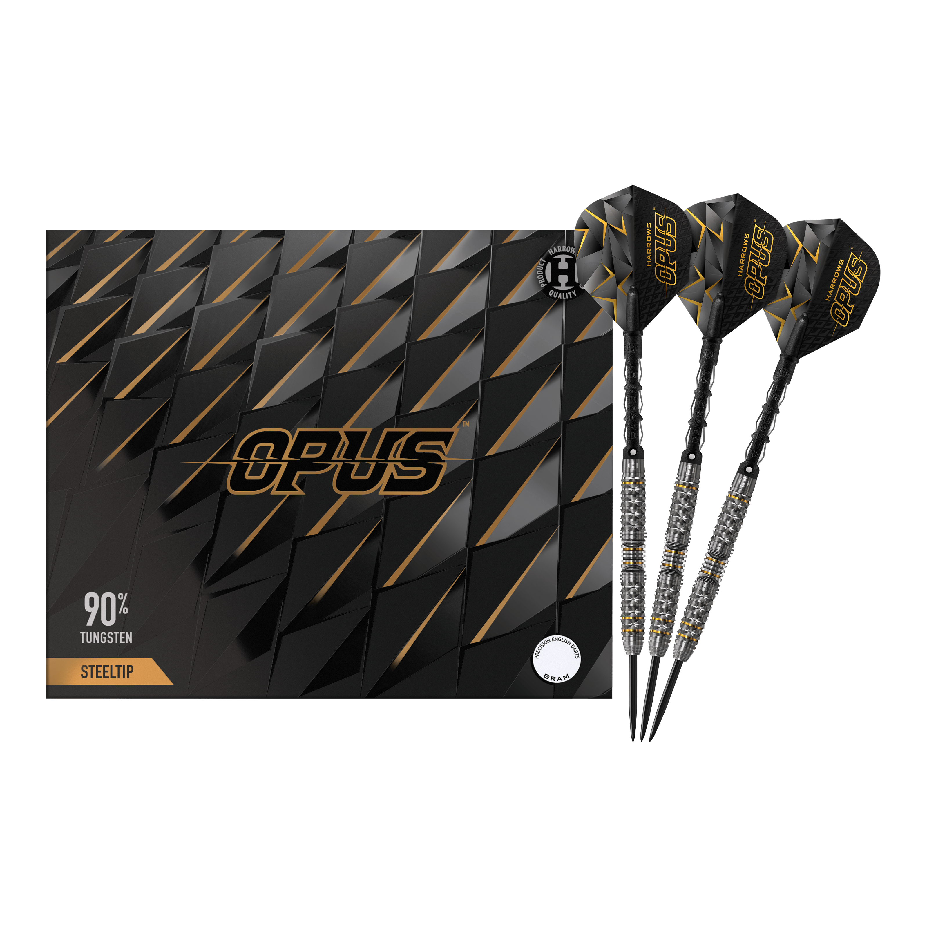 Fléchettes en acier Harrows Opus Das Bild zeigt das Produkt "Harrows Opus Steeldarts" mit einem eleganten schwarzen Design. Drei Steeldarts sind neben der stilvollen Verpackung abgebildet.