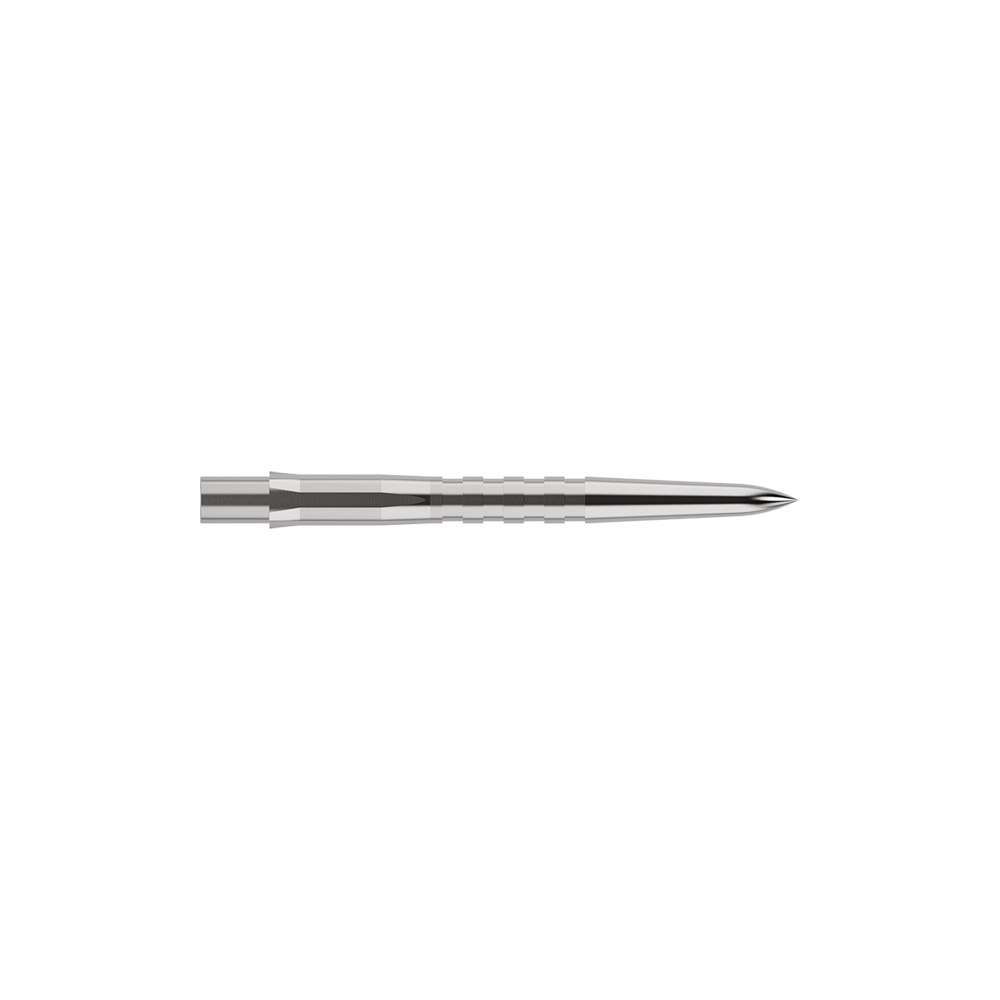 Embouts de fléchettes Mission Caliburn EVO - Rainurés - Argent Auf dem Bild ist eine silberne, gerillte Steeldartspitze zu sehen. Sie ist schmal, lang und hat eine spitze Vorderseite.