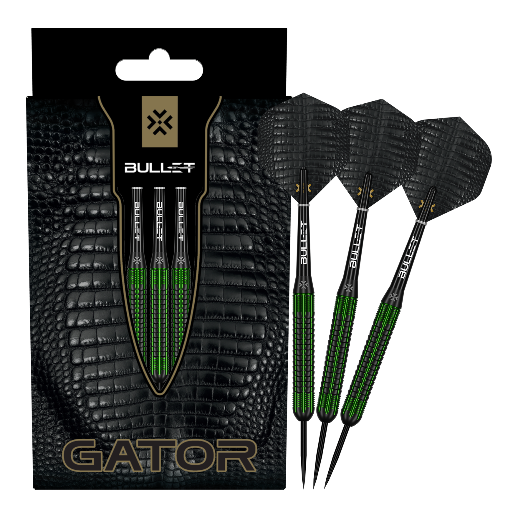 Zu sehen sind die Bullet Gator Brass Steeldarts - 22g in voller Ansicht. Sie sind aus Messing gefertigt und wiegen 22 Gramm.