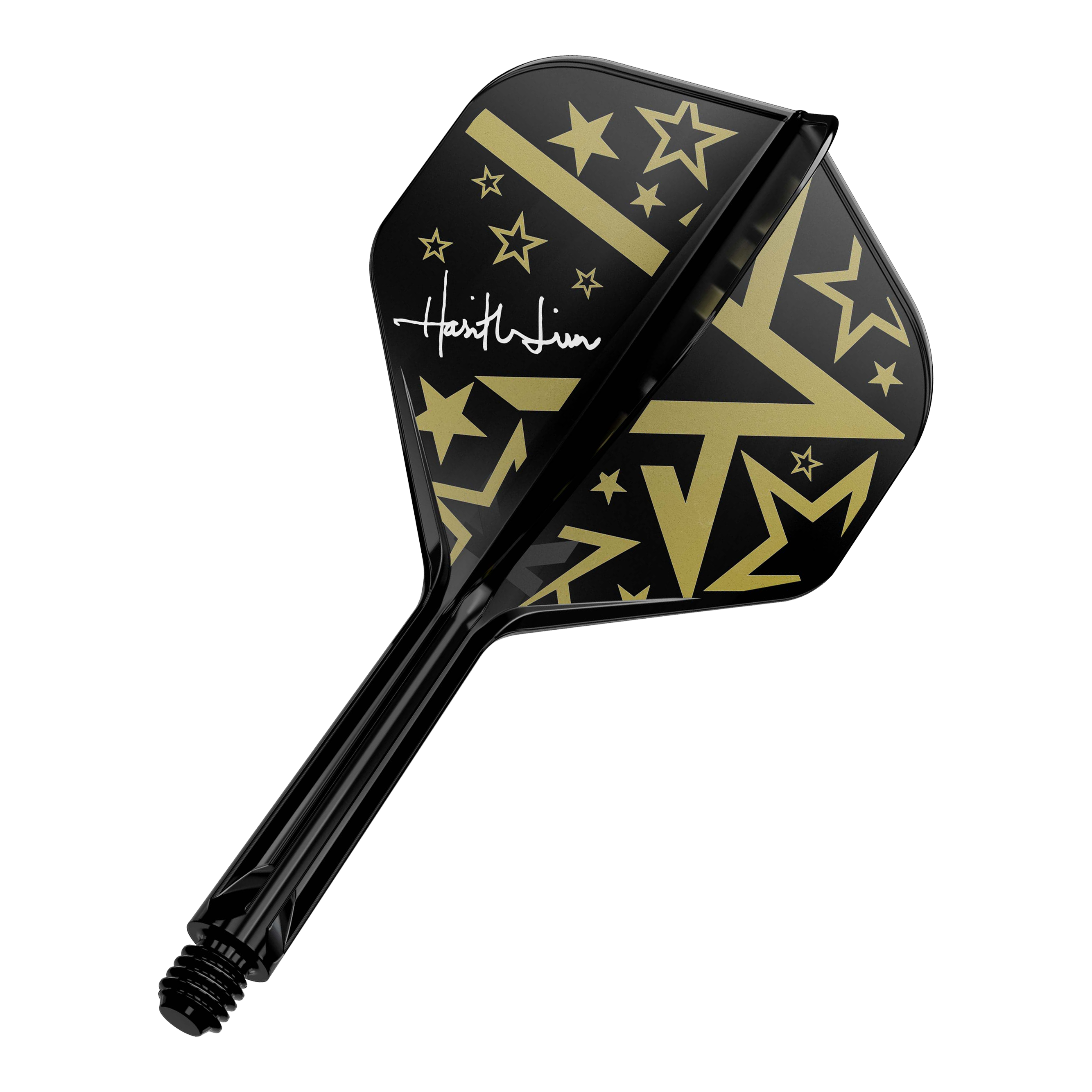Système d'arbre de vol standard Target Japan K-Flex Hot Shot No2 Dies ist ein schwarzer Dart-Flügel mit goldenen Sternen und Linien als Muster. Auf dem Flügel befindet sich außerdem eine weiße Unterschrift.