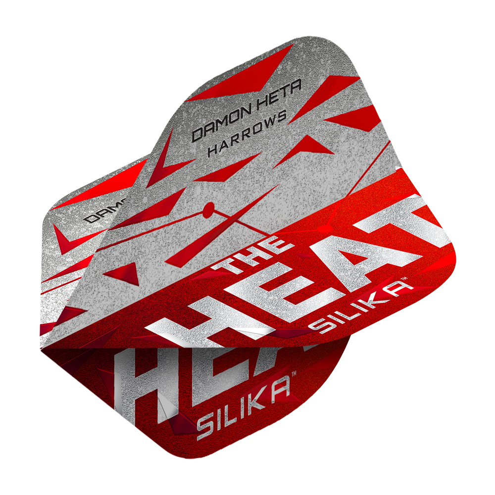 Vols Silika Damon Heta série 3 de Harrow Das Bild zeigt die Harrows Silika Damon Heta Series 3 Flights. Die Flights sind überwiegend in Rot, Grau und Weiß gestaltet und tragen den Schriftzug "THE HEAT" sowie den Namen "DAMON HETA".