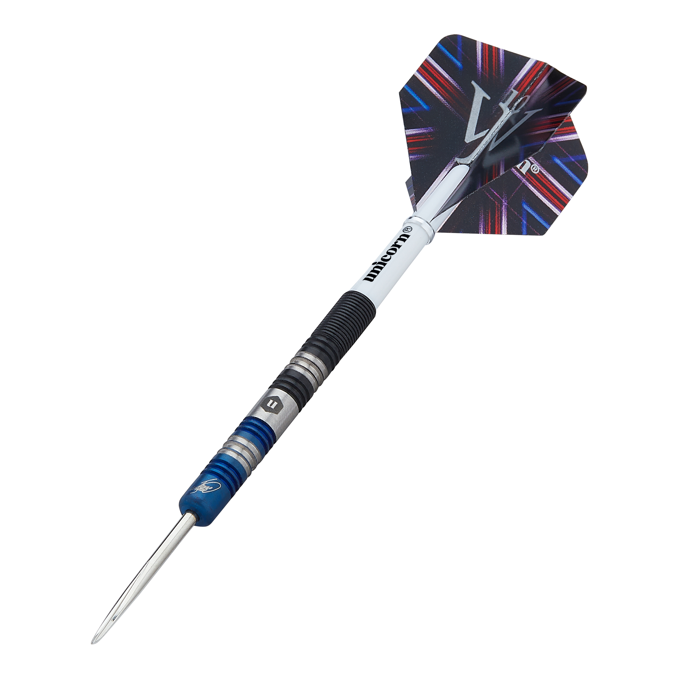 Fléchettes en acier bicolore Unicorn The Machine James Wade Das Bild zeigt einen Steeldart namens "Unicorn The Machine James Wade Two-Tone". Der Dart hat ein auffälliges Design mit abwechselnden blauen und silbernen Ringen sowie einem farbigen Flight.