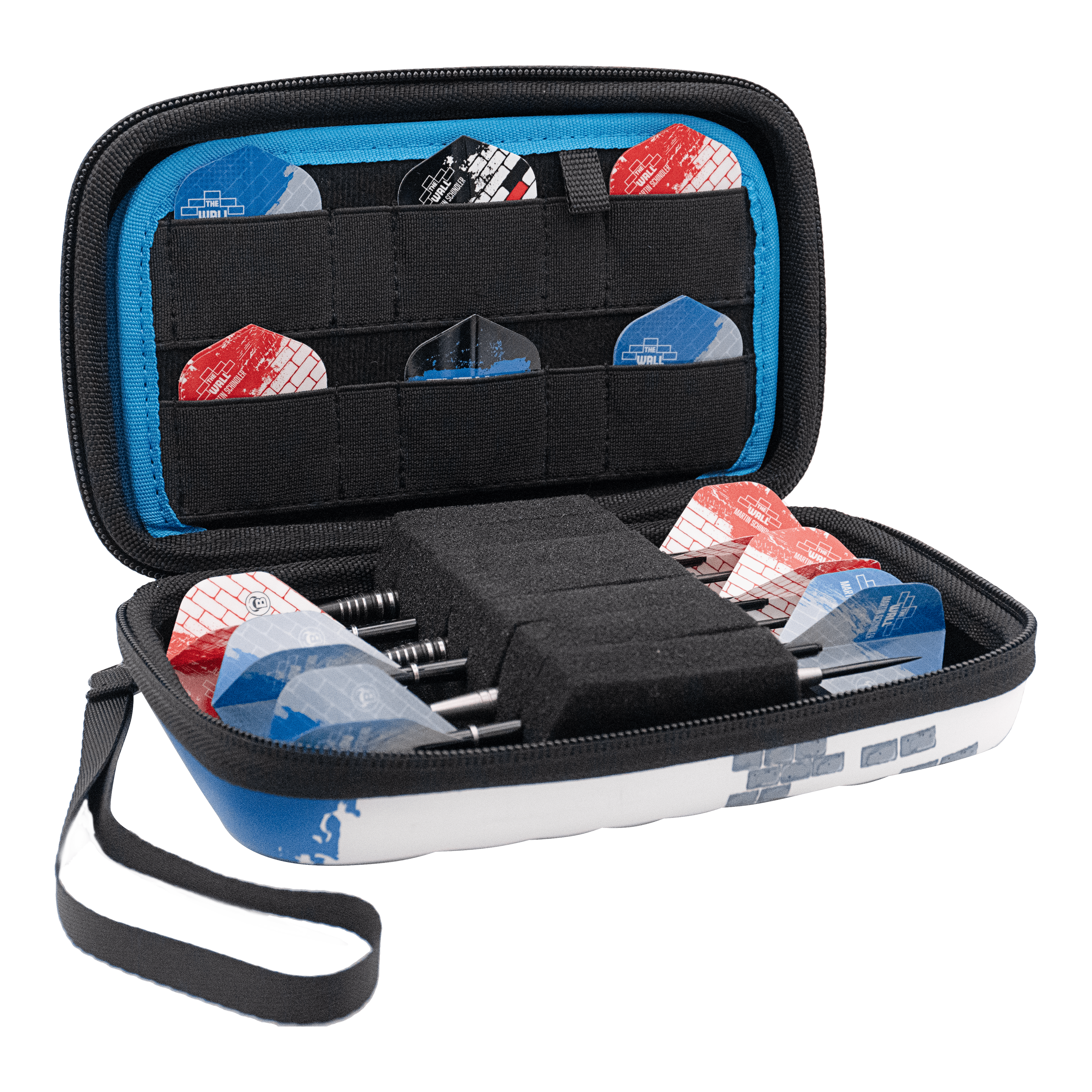 Étui à fléchettes Bulls Orbis XL Martin Schindler Das Bild zeigt das Bulls Orbis XL Martin Schindler Dartcase, das geöffnet ist. Im Inneren sind mehrere Darts und Ersatz-Flights ordentlich verstaut.