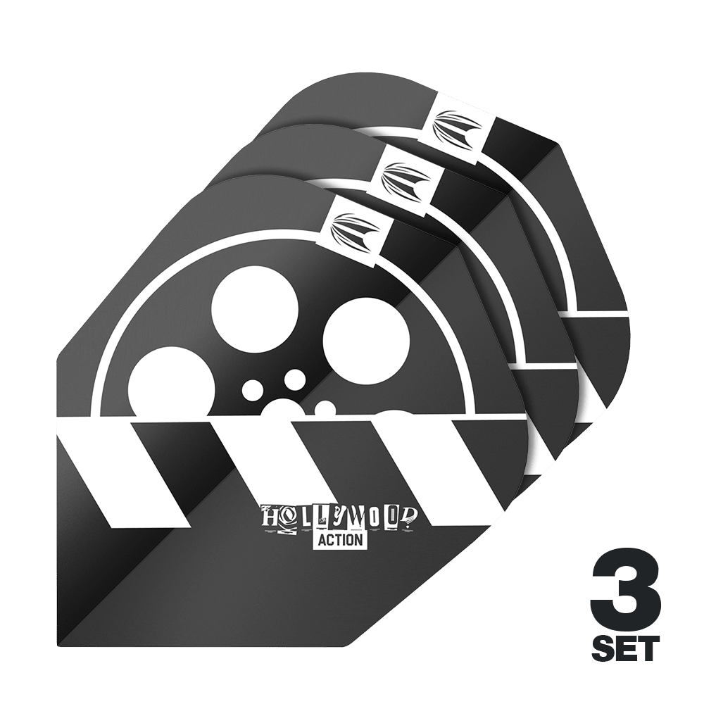 Target Pro Ultra Chris Dobey Hollywood Action No6 Flights - 3 ensembles Das Bild zeigt drei Sets der Target Pro Ultra Chris Dobey Hollywood Action No6 Flights. Die Flights haben ein schwarz-weißes Design mit einem Filmrollen- und Klappenmotiv sowie dem Schriftzug "Hollywood Action".