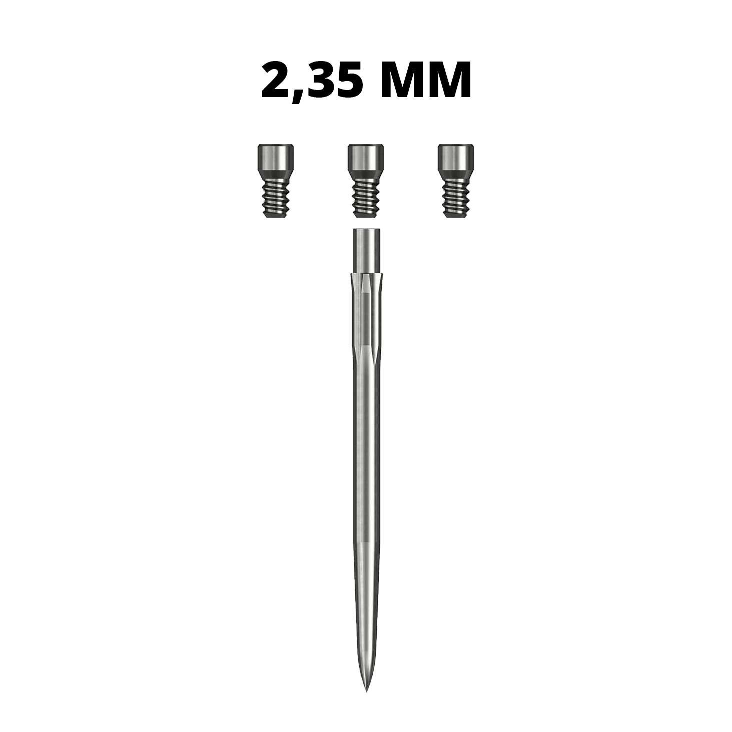 Hier sieht man eine Caliburn Evo System Steeldartspitze Spigot mit einer Länge von 23,5 mm. Die silberne Spitze ist einzeln dargestellt.