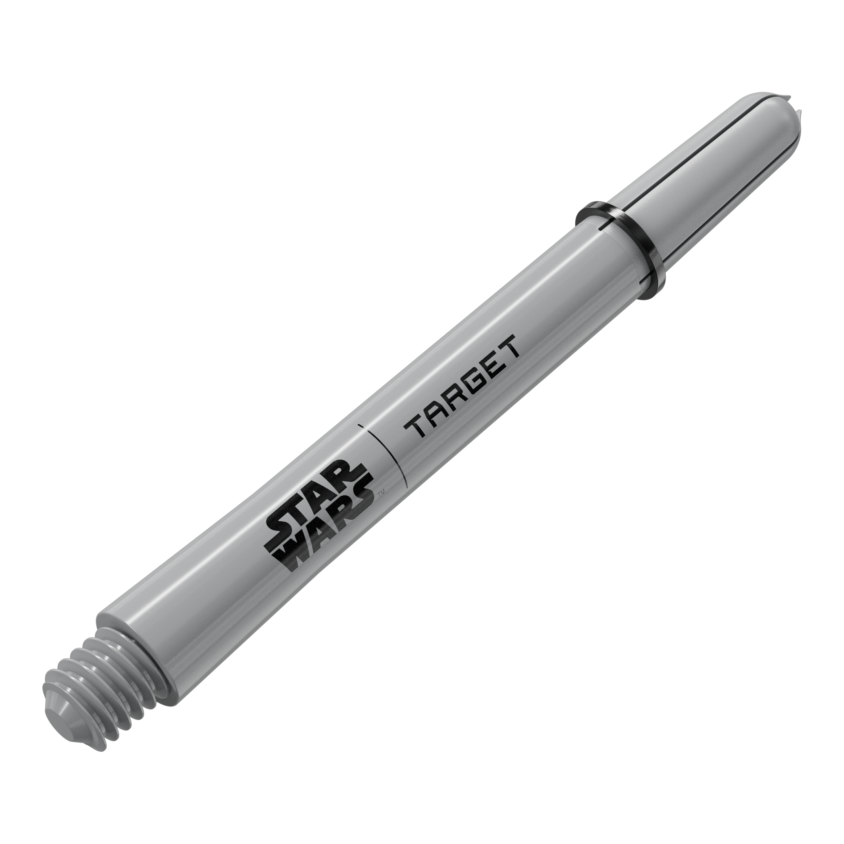 Das Bild zeigt ein Dart-Zubehör mit dem Dateinamen 380432_Target_StarWars_ProGrip_Shafts_Grau_Medium_48mm_2. Es handelt sich vermutlich um einen weiteren grauen Medium ProGrip Shaft von Star Wars mit 48mm Länge.