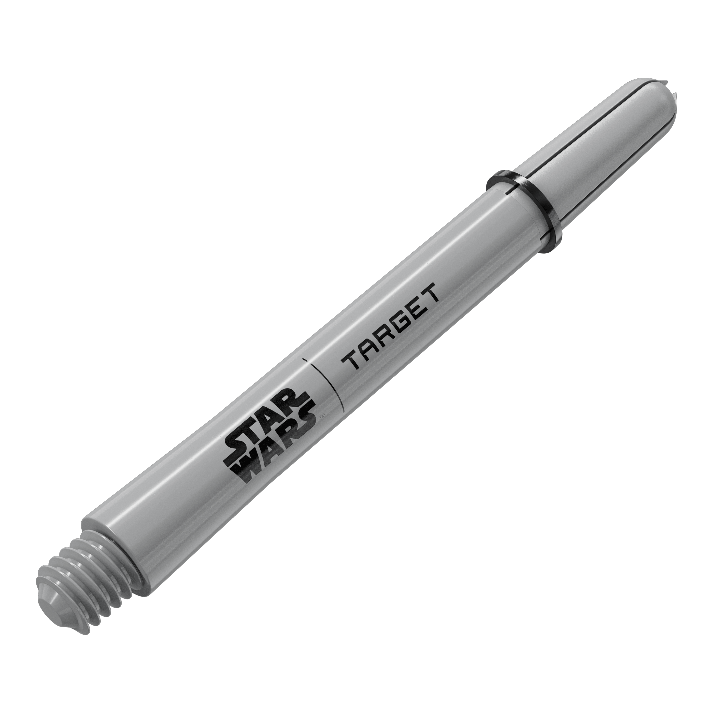 Poignées Target Star Wars ProGrip - Grises Das Bild zeigt ein Dart-Zubehör mit dem Dateinamen 380432_Target_StarWars_ProGrip_Shafts_Grau_Medium_48mm_2. Es handelt sich vermutlich um einen weiteren grauen Medium ProGrip Shaft von Star Wars mit 48mm Länge.